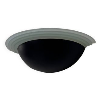 Vintage half-moon wall light, sandblasted glass and black lacquered metal, France, 1970