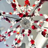 Antique chandelier with red crystal pendants, 9 lights.