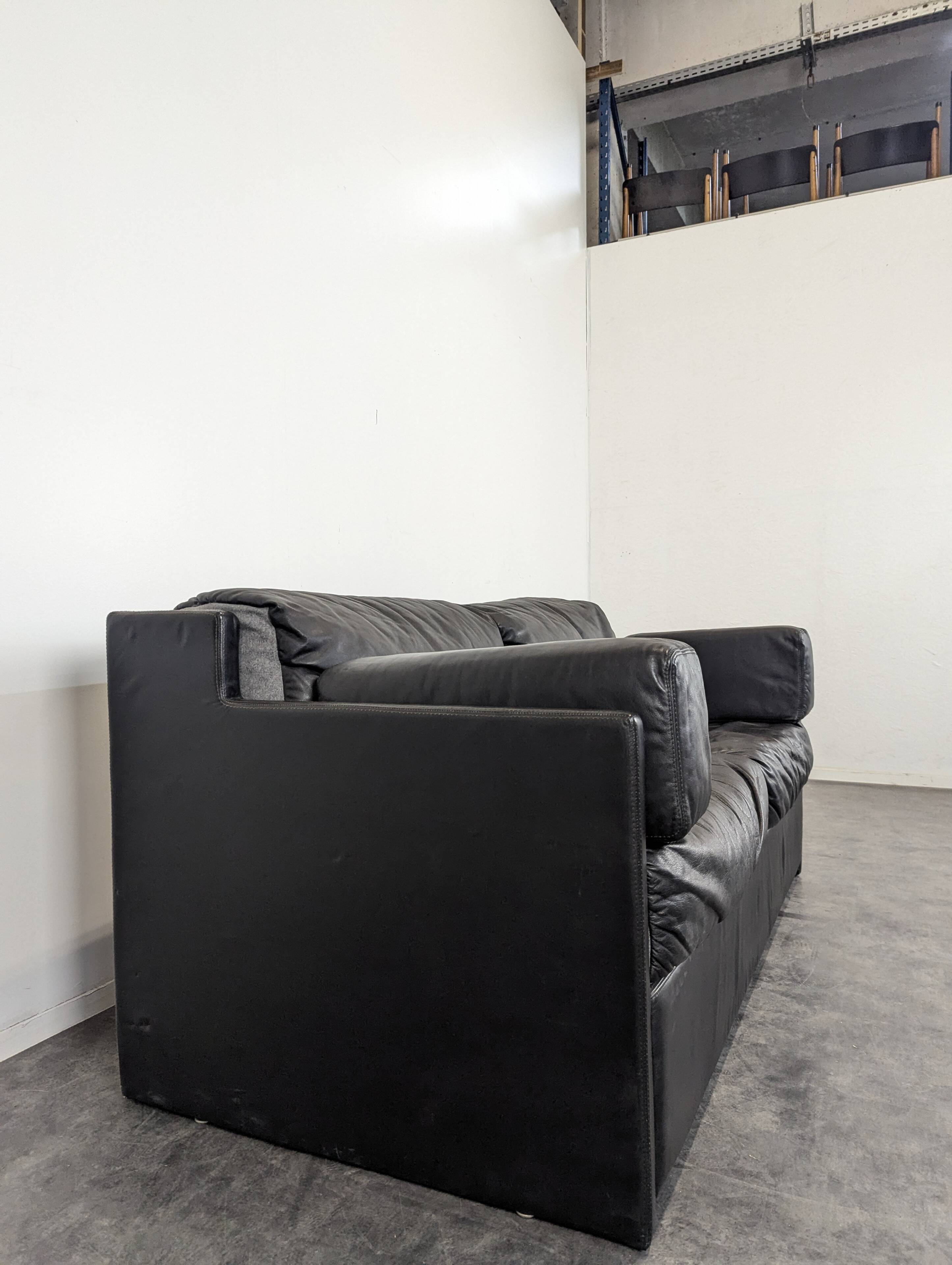 Black leather convertible sofa with goose feather upholstery.