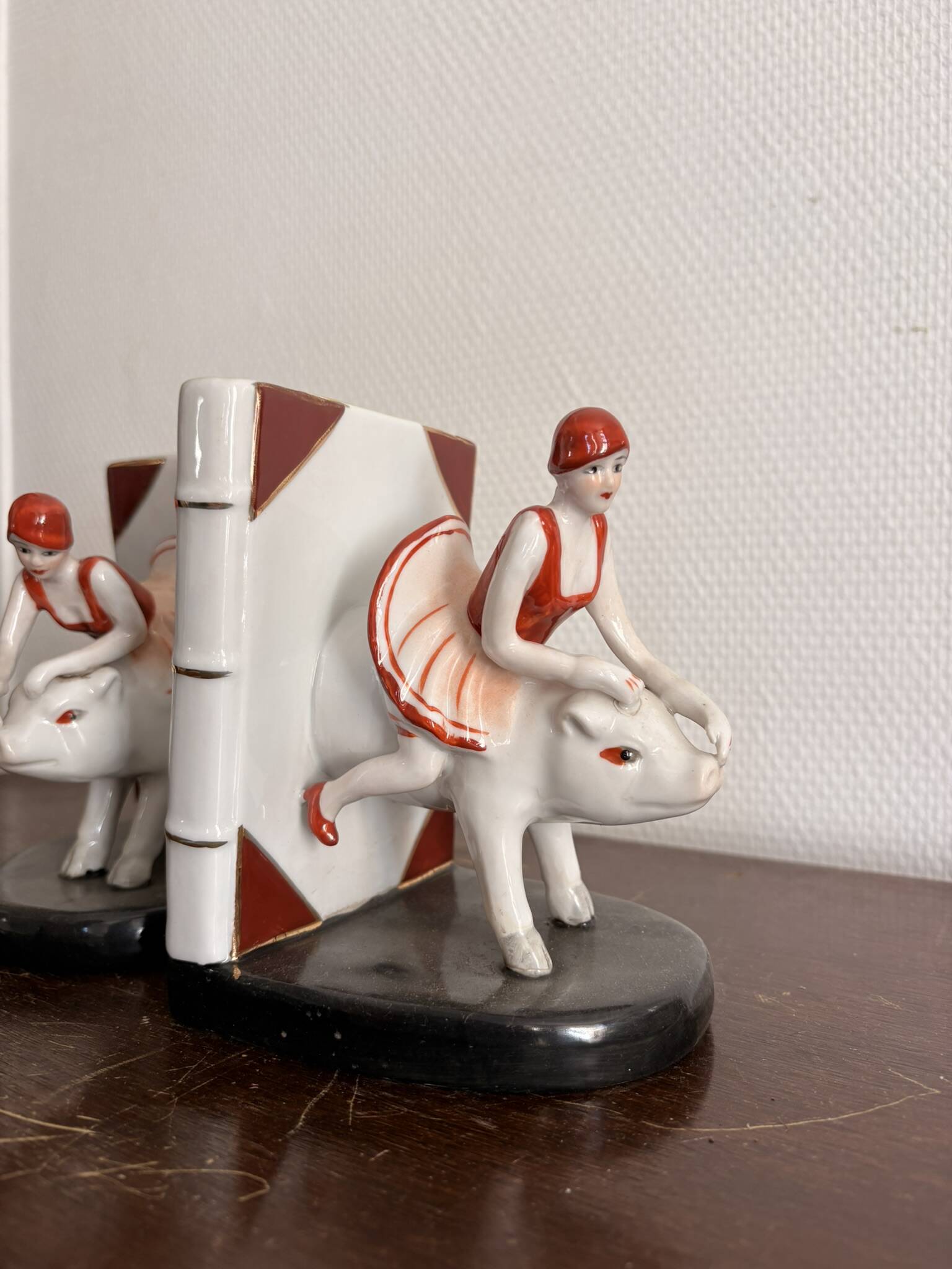 Old Pair of Bookends Porcelain White Girl Woman Equestrian Pig Art