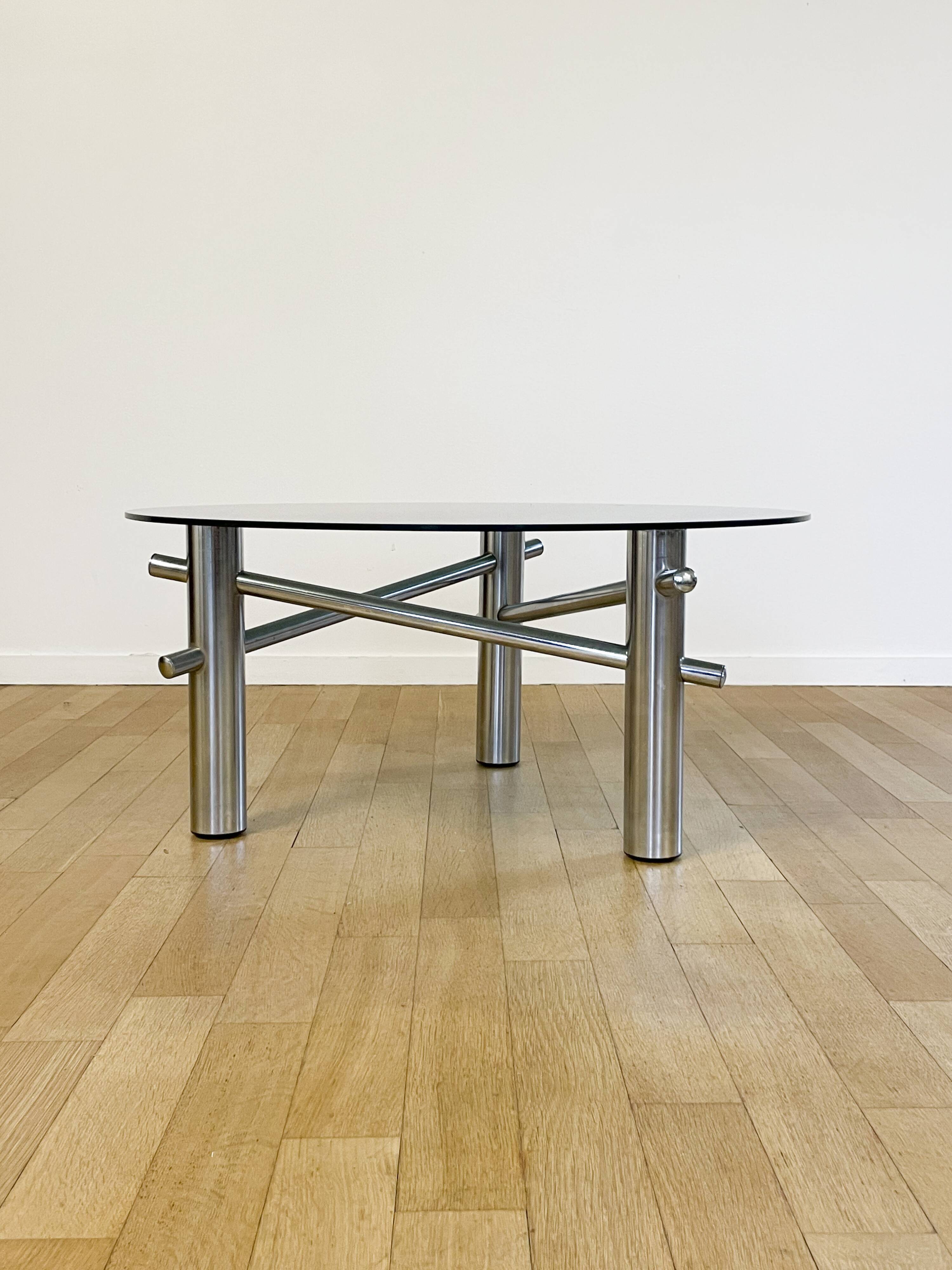Round coffee table in chrome and smoked glass, 1970s