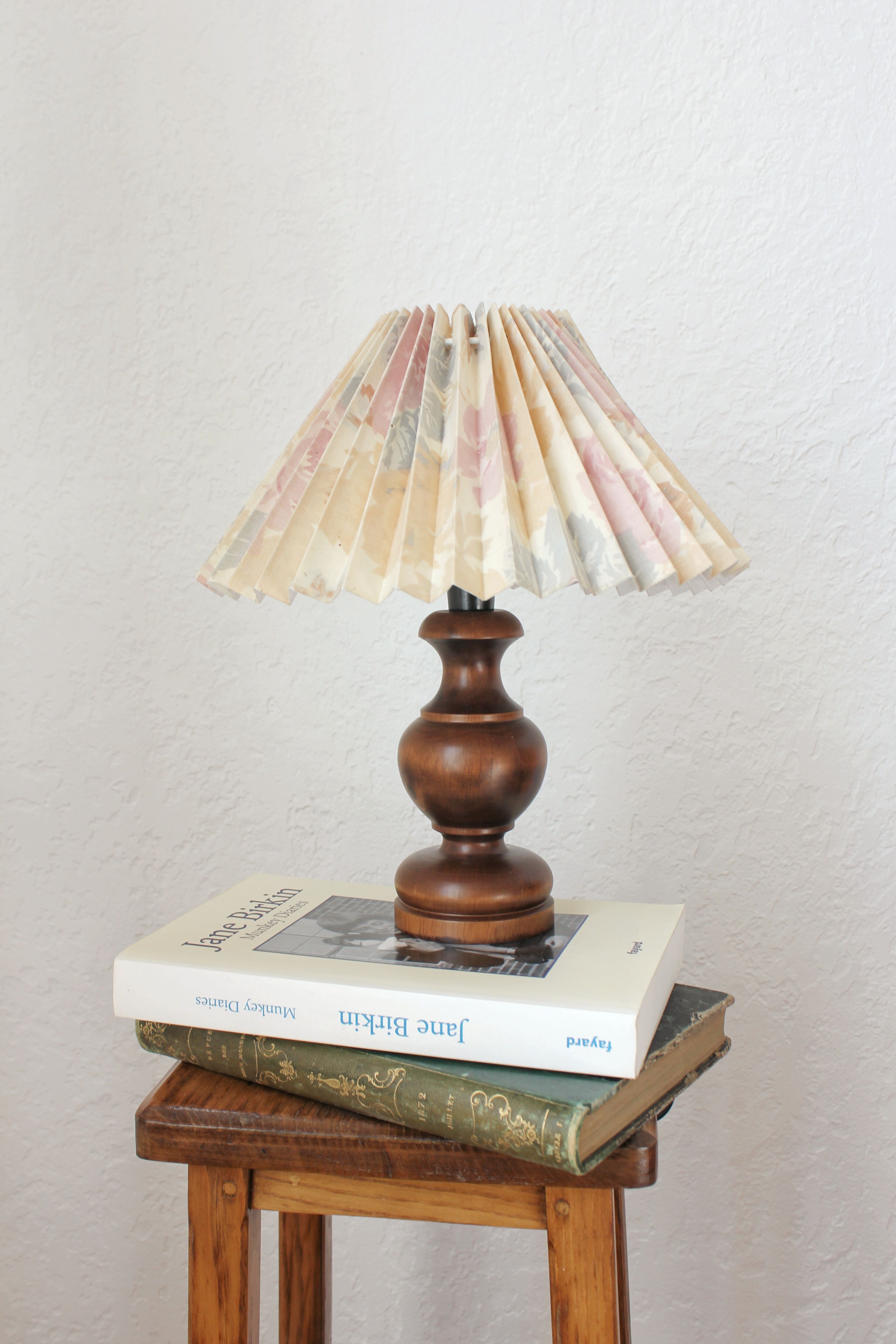 Wooden table lamp with vintage floral pleated lampshade