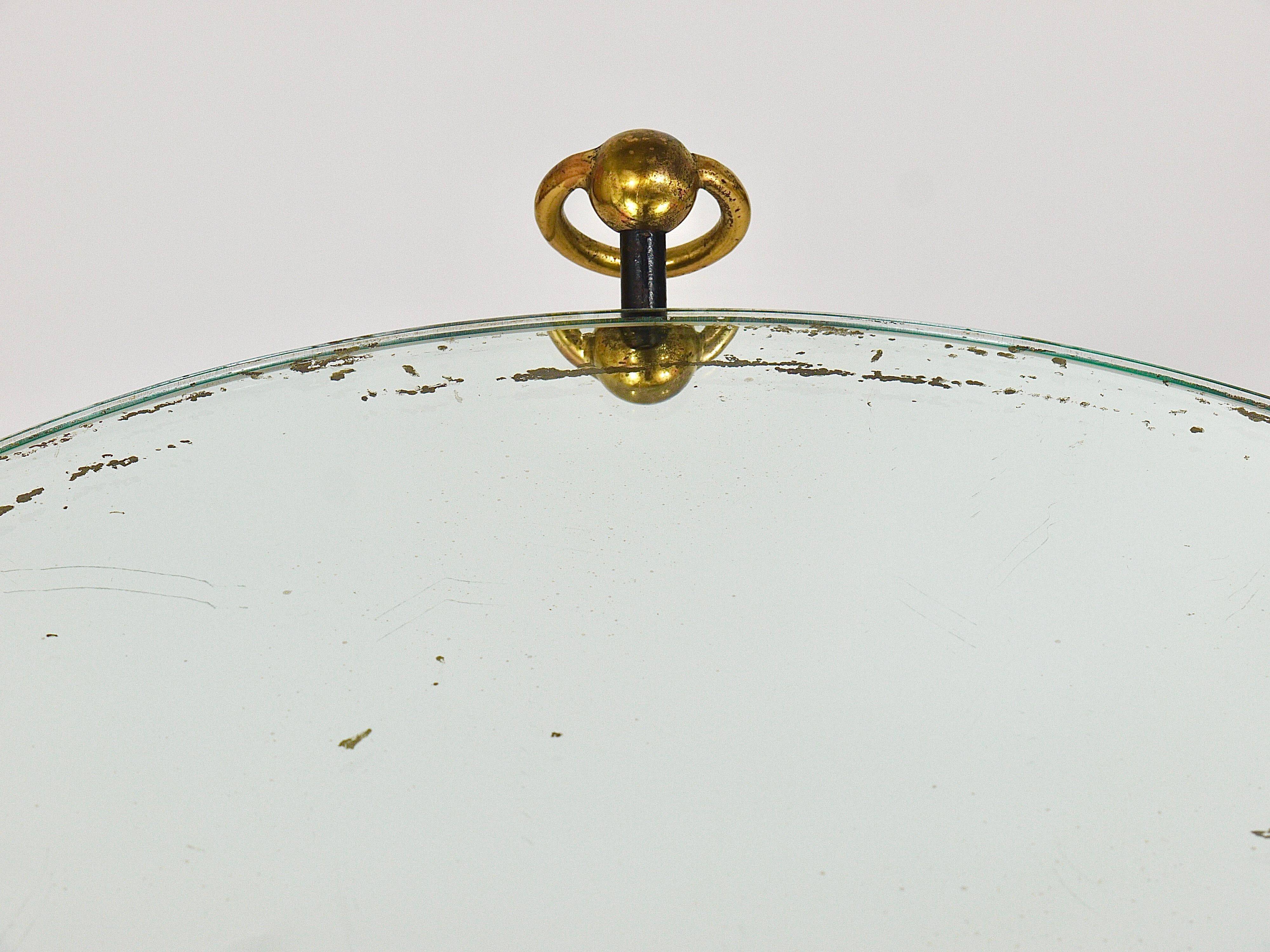 French mid-century mirror side table, Jacques Adnet style, brass, 1950s.