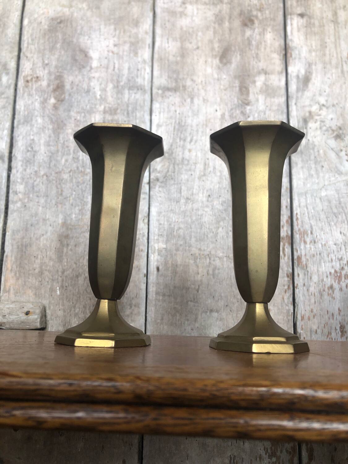 Pair of old art deco vases in vintage brass