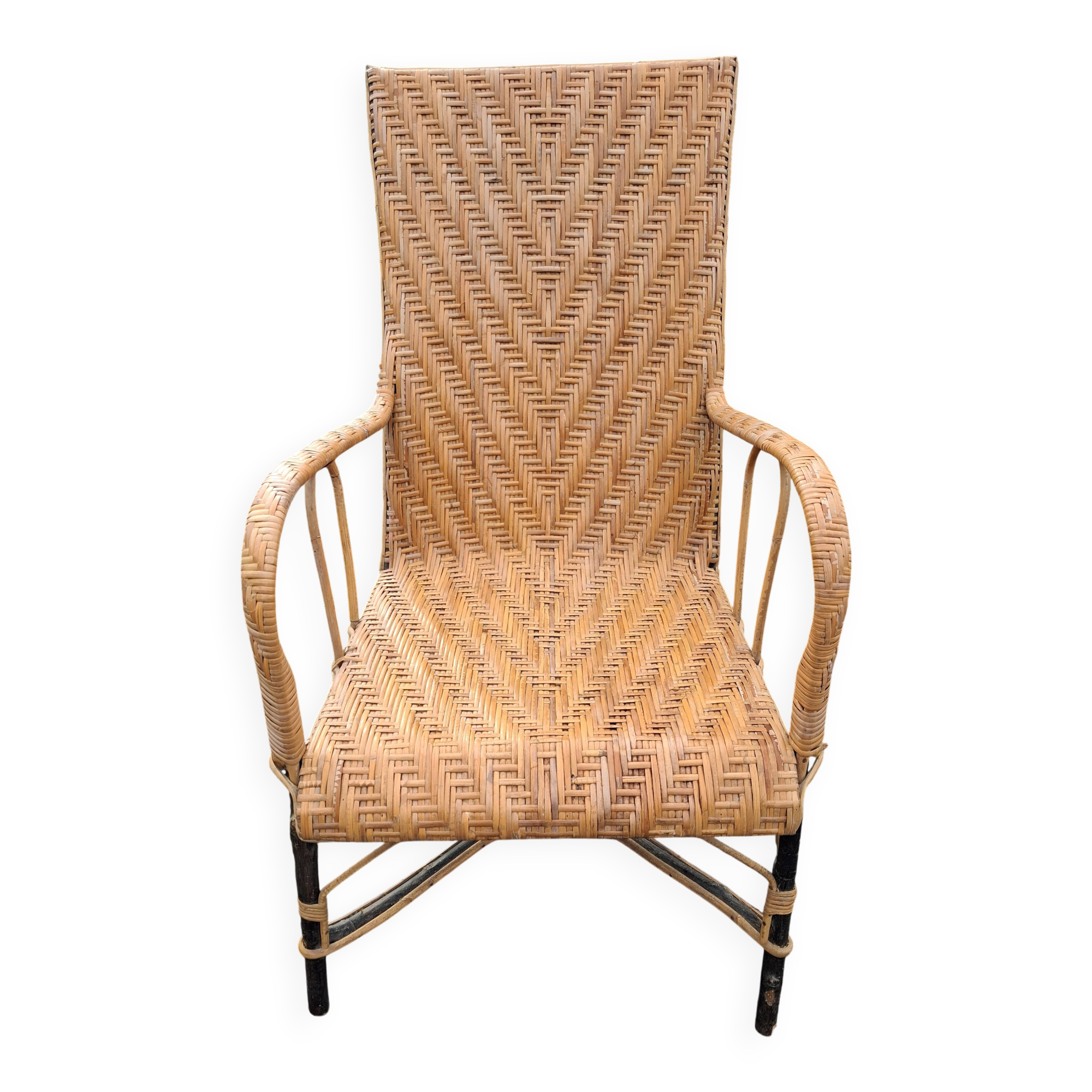 Antique high-back rattan armchair