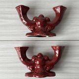 Pair of 1950s burgundy earthenware candlesticks