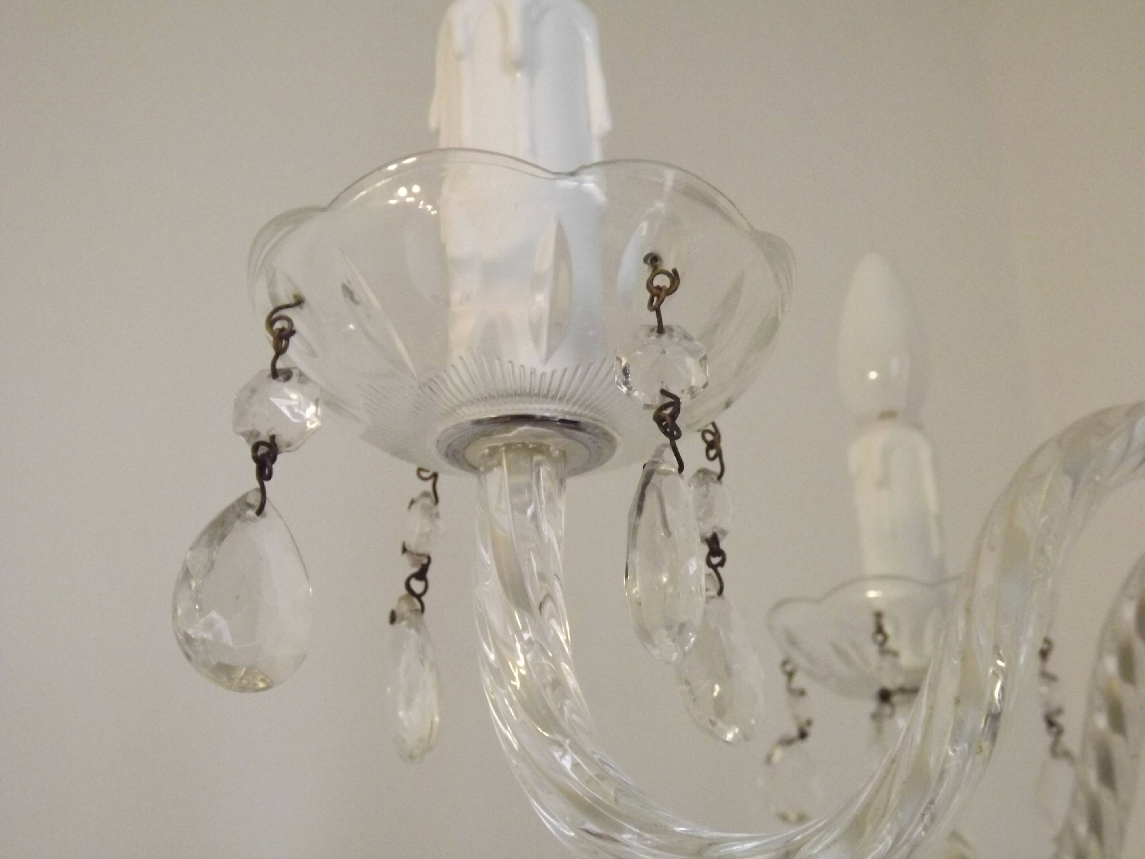 French Vintage  5 Light Barley Twist Glass and Crystal Chandelier