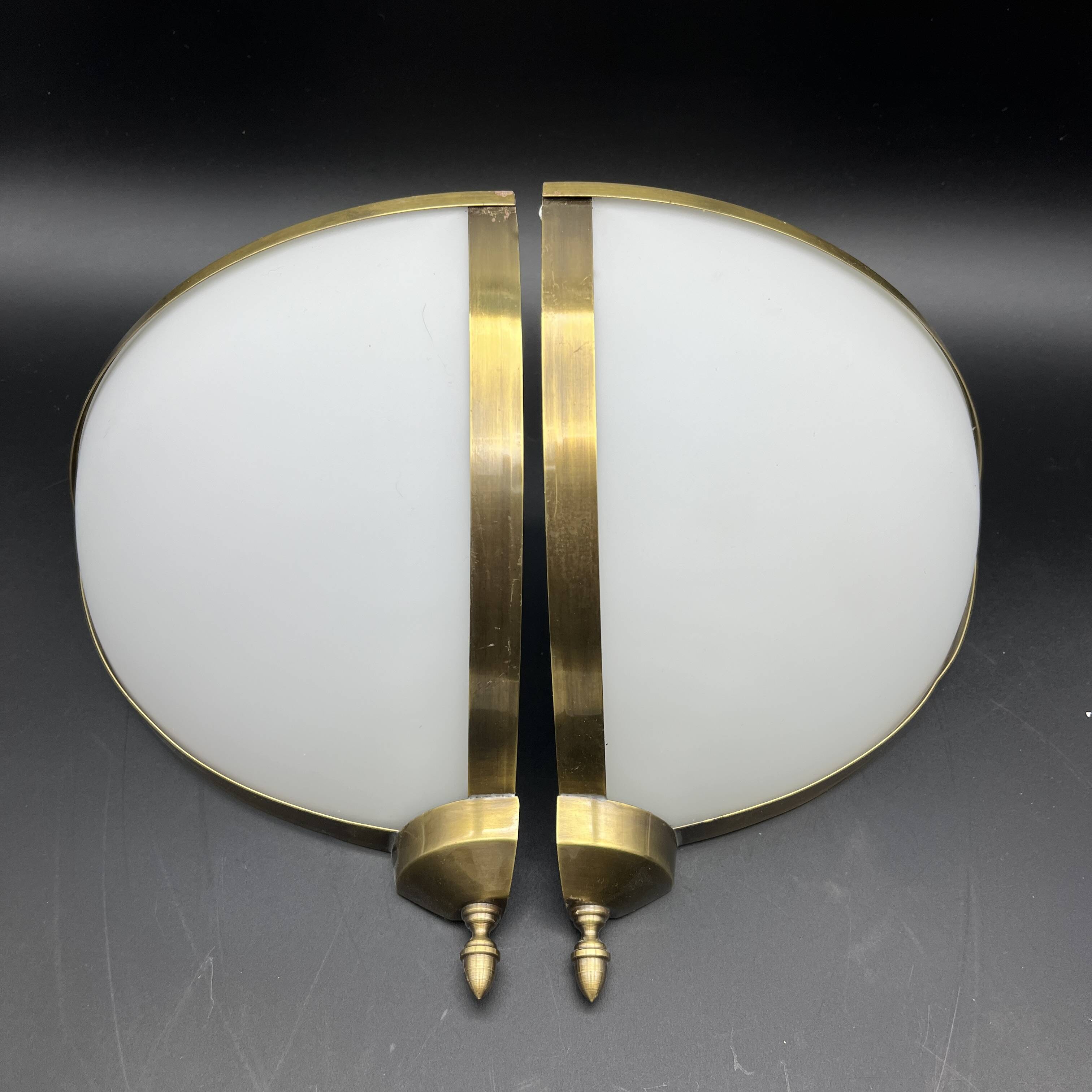 Pair of corner sconces in golden brass and matt opaline