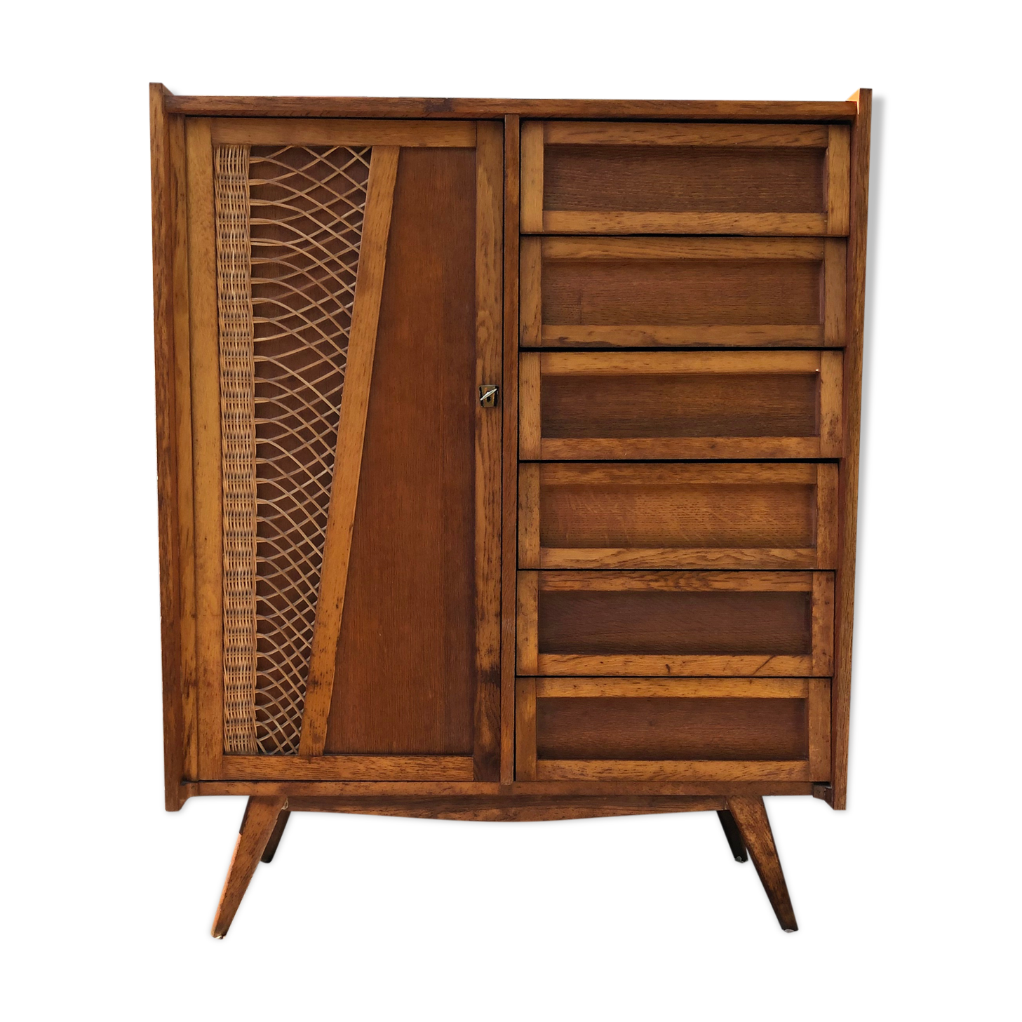 Wooden and rattan chest of drawers
