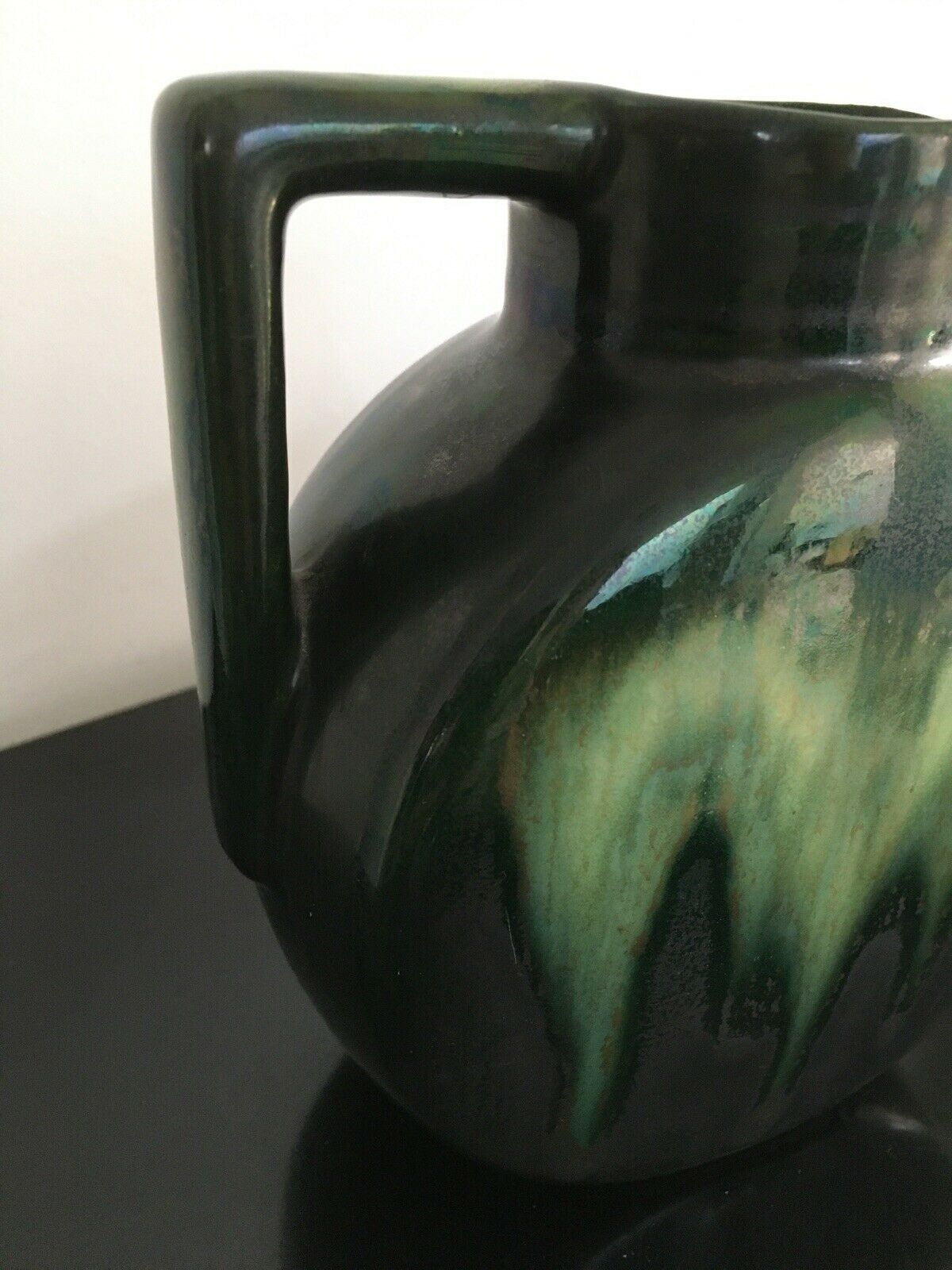 Carafe broc pitcher in green ceramic with metallic highlights