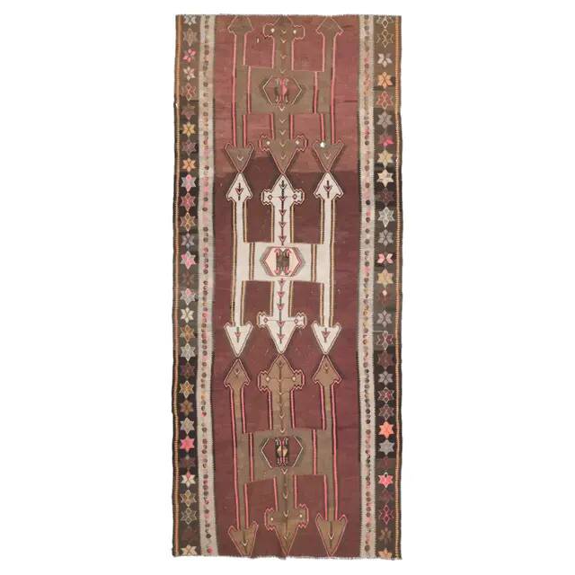 Vintage Turkish Oushak handmade wool cotton brown runner rug 168x395