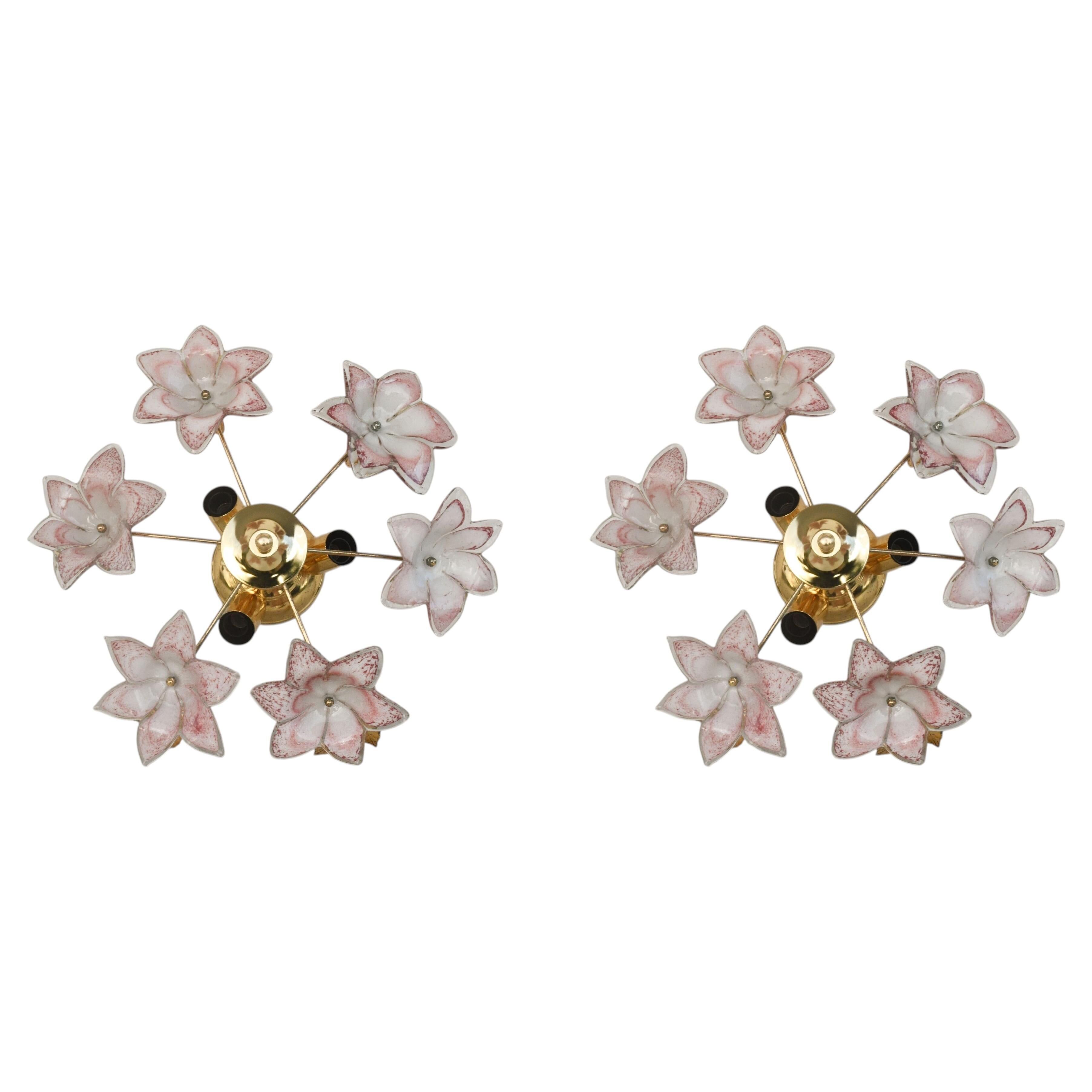 Set of 2 Charming Murano Vintage Ceiling Light Pink Flowers, 1970s