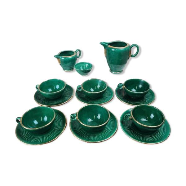Service à café / thé Saint-Clément modèle 4044 vert émaillé doré – Art déco
