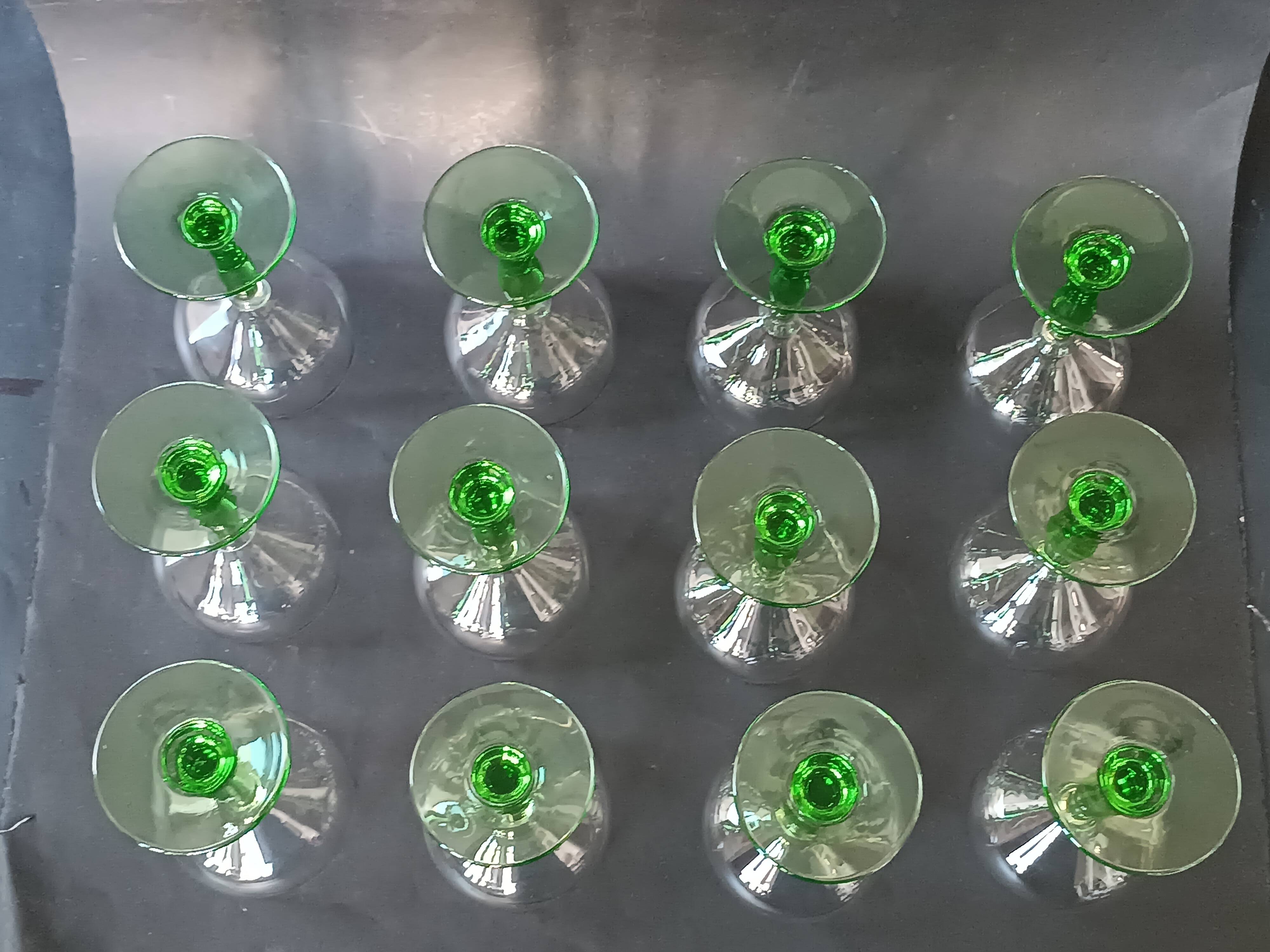 12 green footed wine glasses in opaline blown crystal 1900
