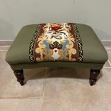 Vintage upholstered footstool, floral decor in Aubusson style.