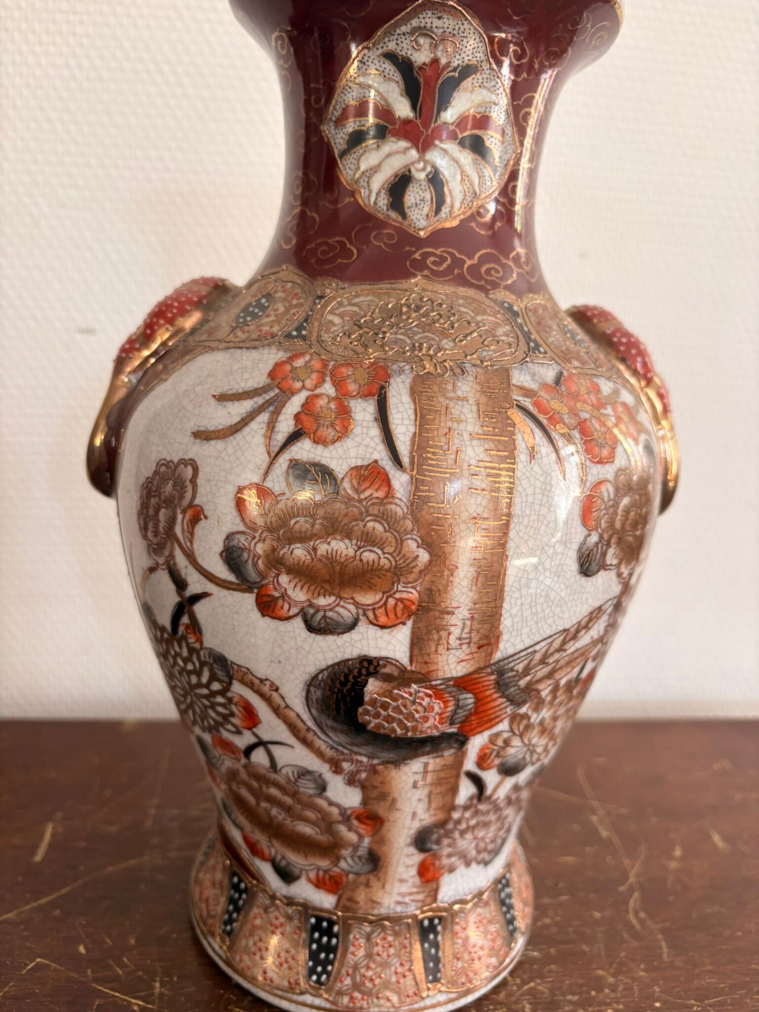 Satsuma Vase Japan Ceramic Bird Peony Meiji 30cm