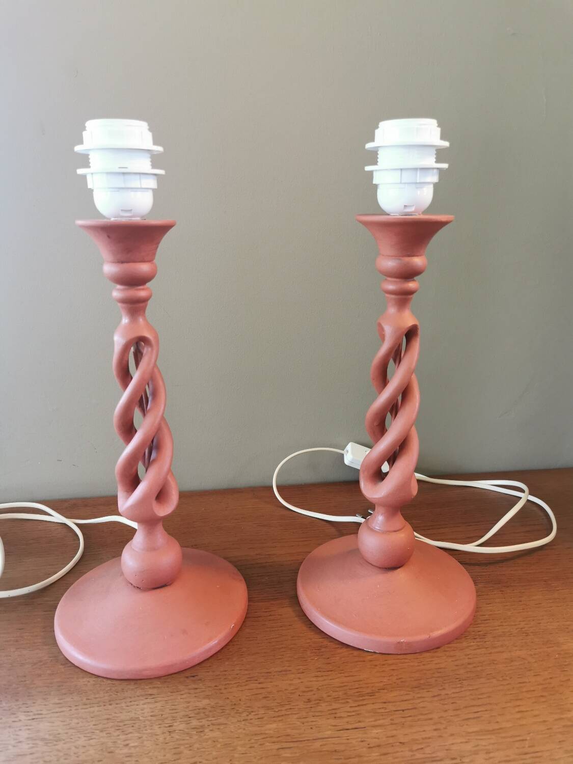 Pair of vintage twisted wood lamps