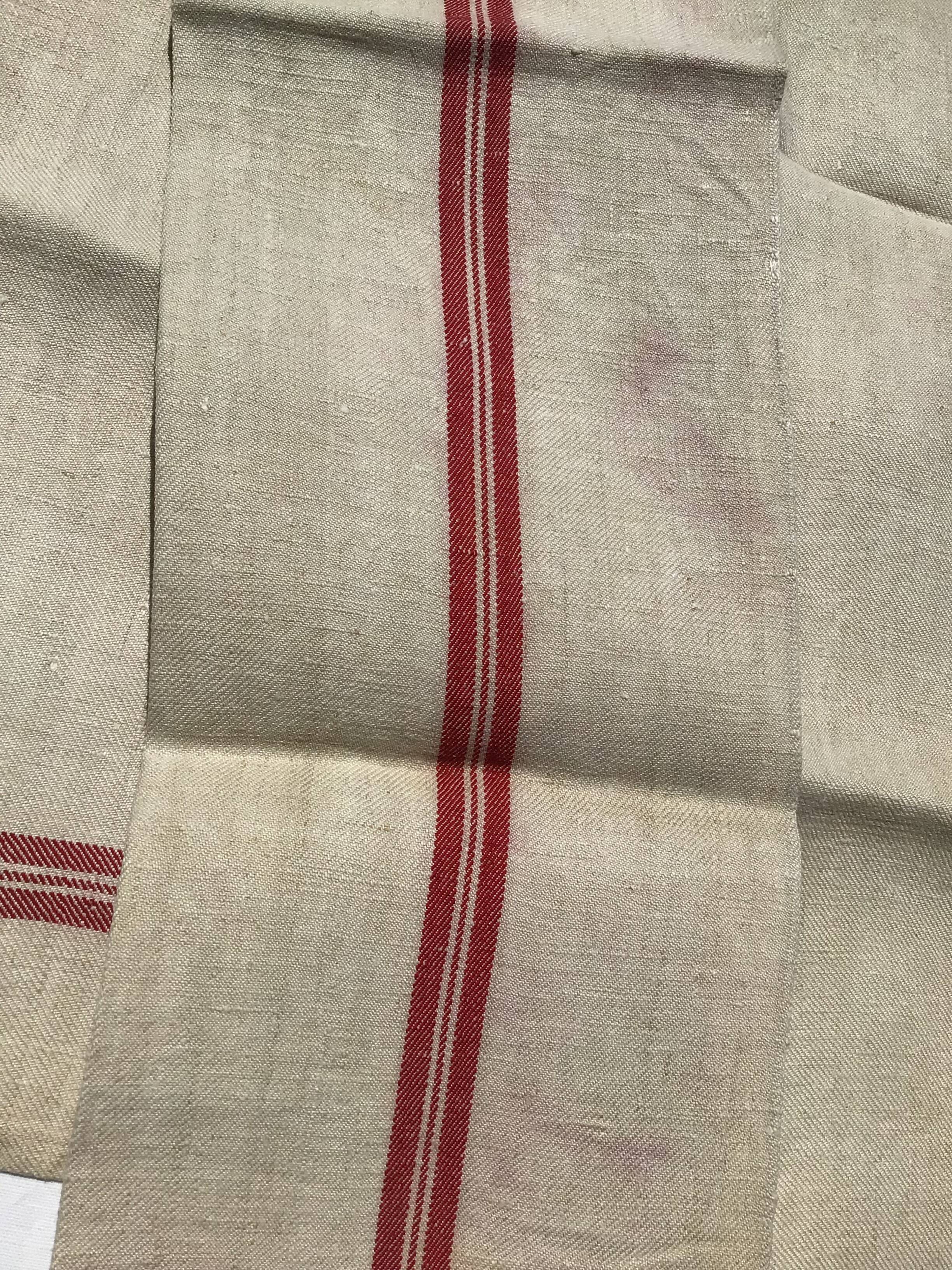 Pair new linen towels embroidered BR triple red stripe