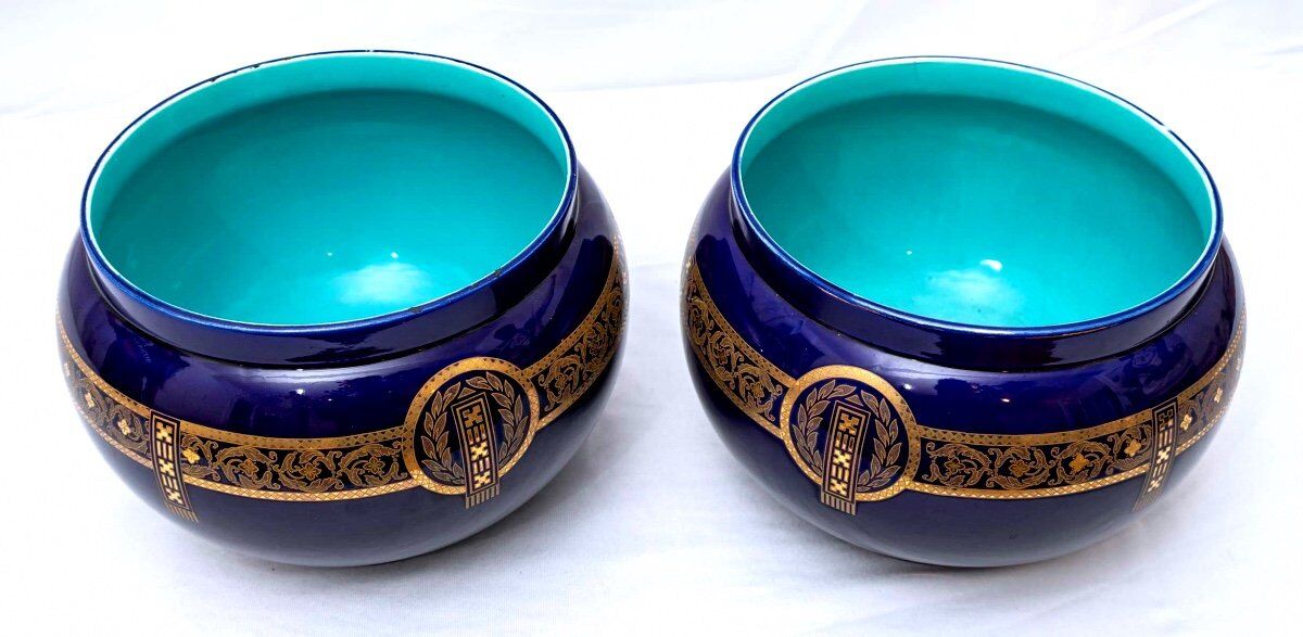 Pair of pot covers - signed and numbered sarreguemines - dark cobalt blue - xixth