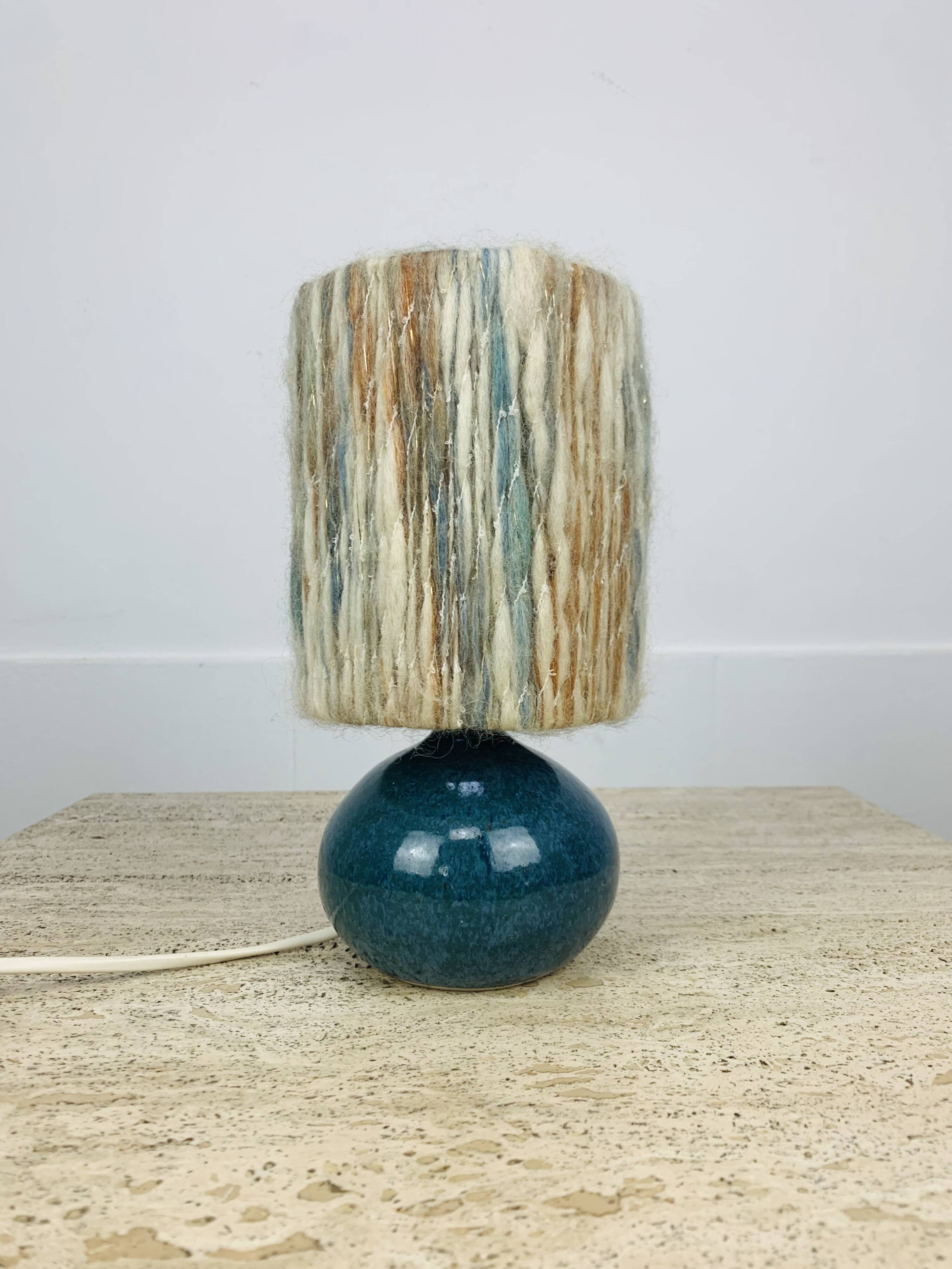 Blue ceramic ball lamp with wool lampshade, vintage