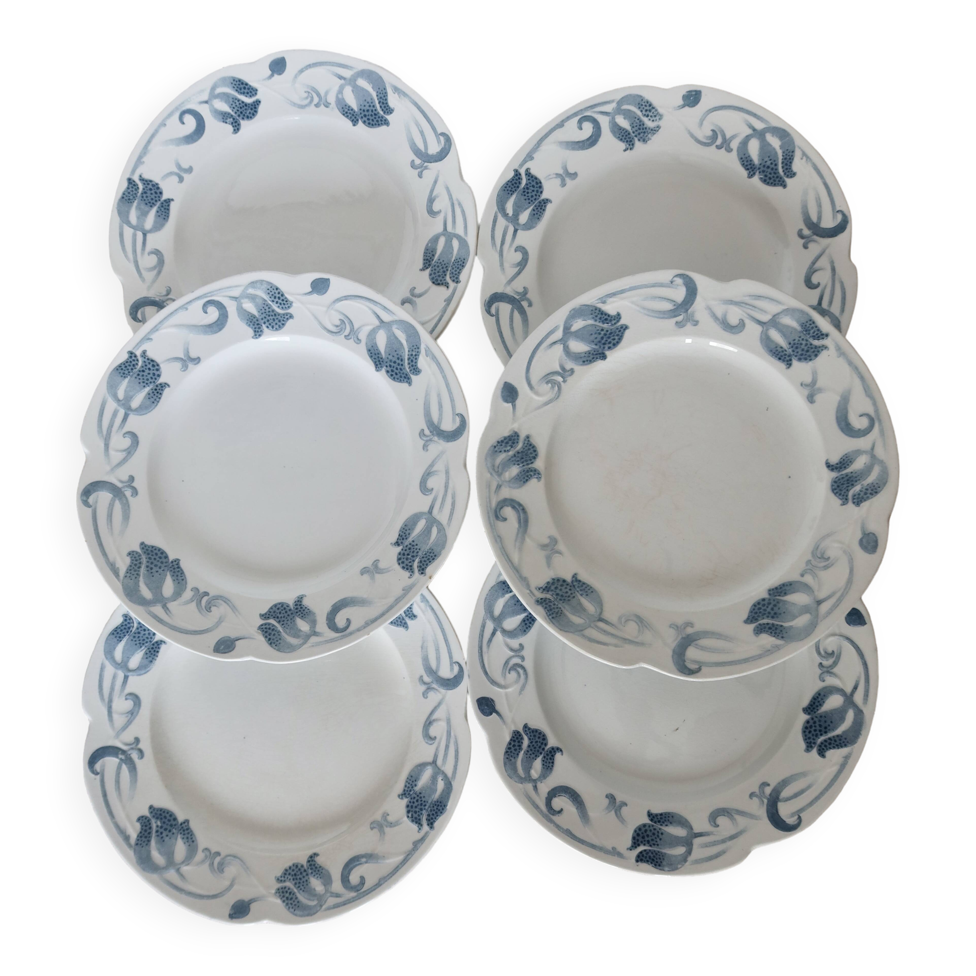 6 flat plates - Antique tableware set 82 pieces Sarreguemines earthenware Art Nouveau style