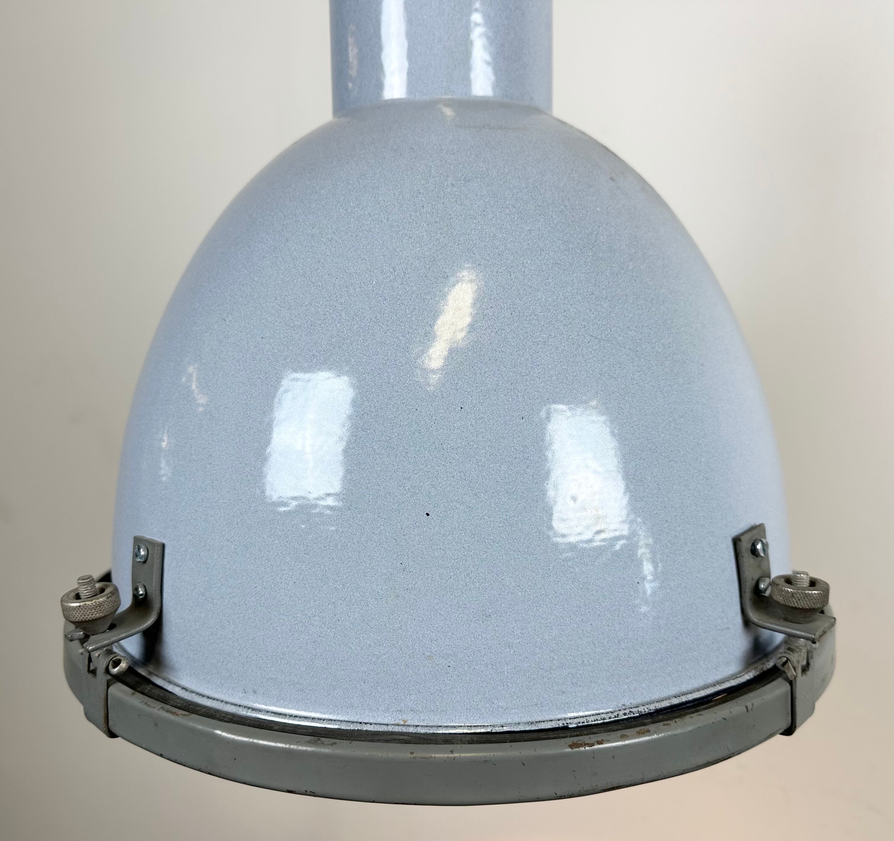 Bauhaus grey enamel industrial pendant lamp with glass cover, 1950s