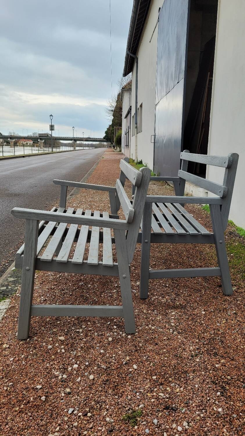 Pair of old wooden park garden benches