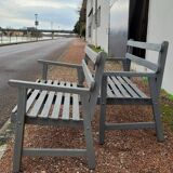 Pair of old wooden park garden benches