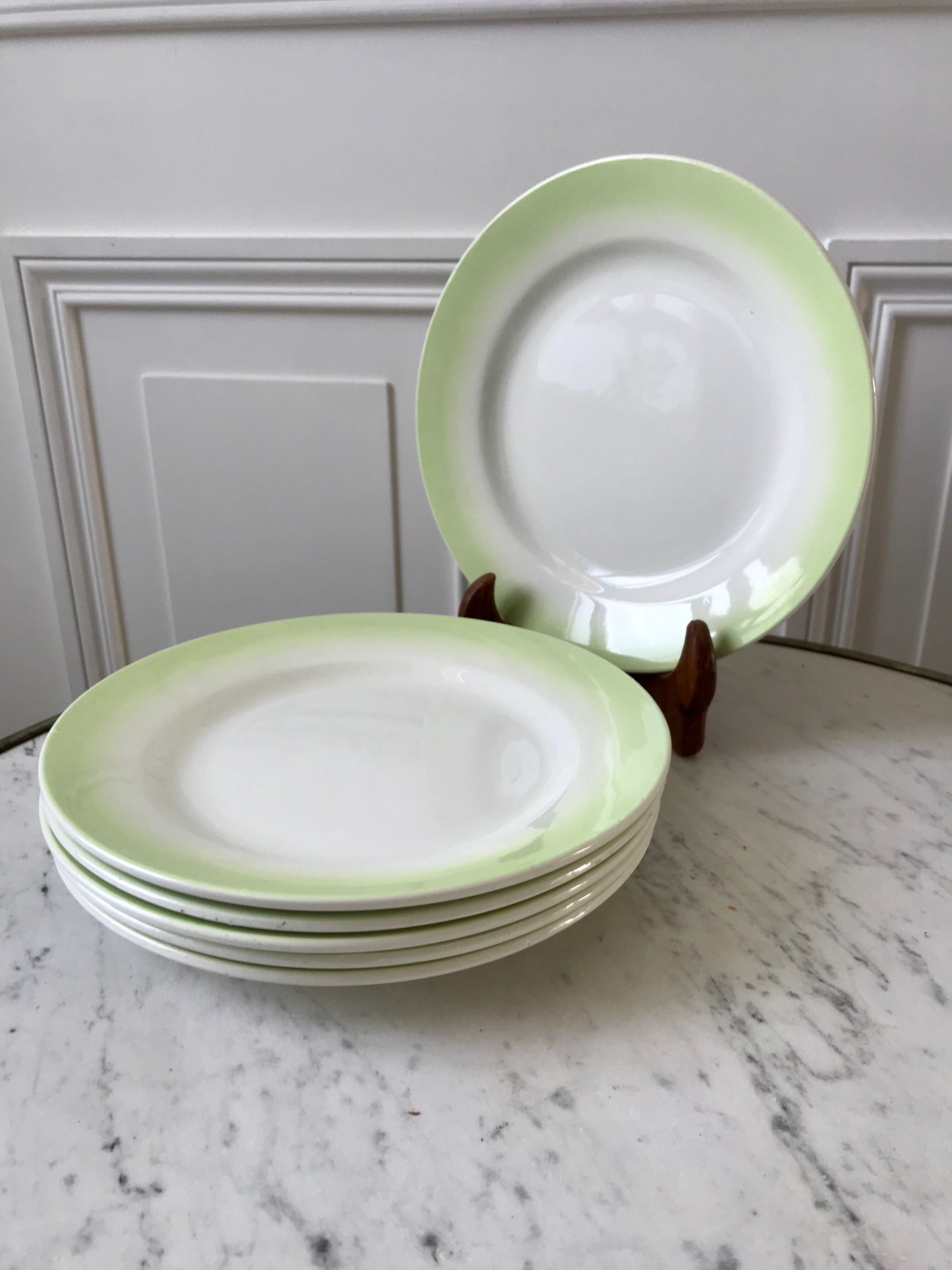 set of 6 pastel gradient light green dessert plates 40s-50s