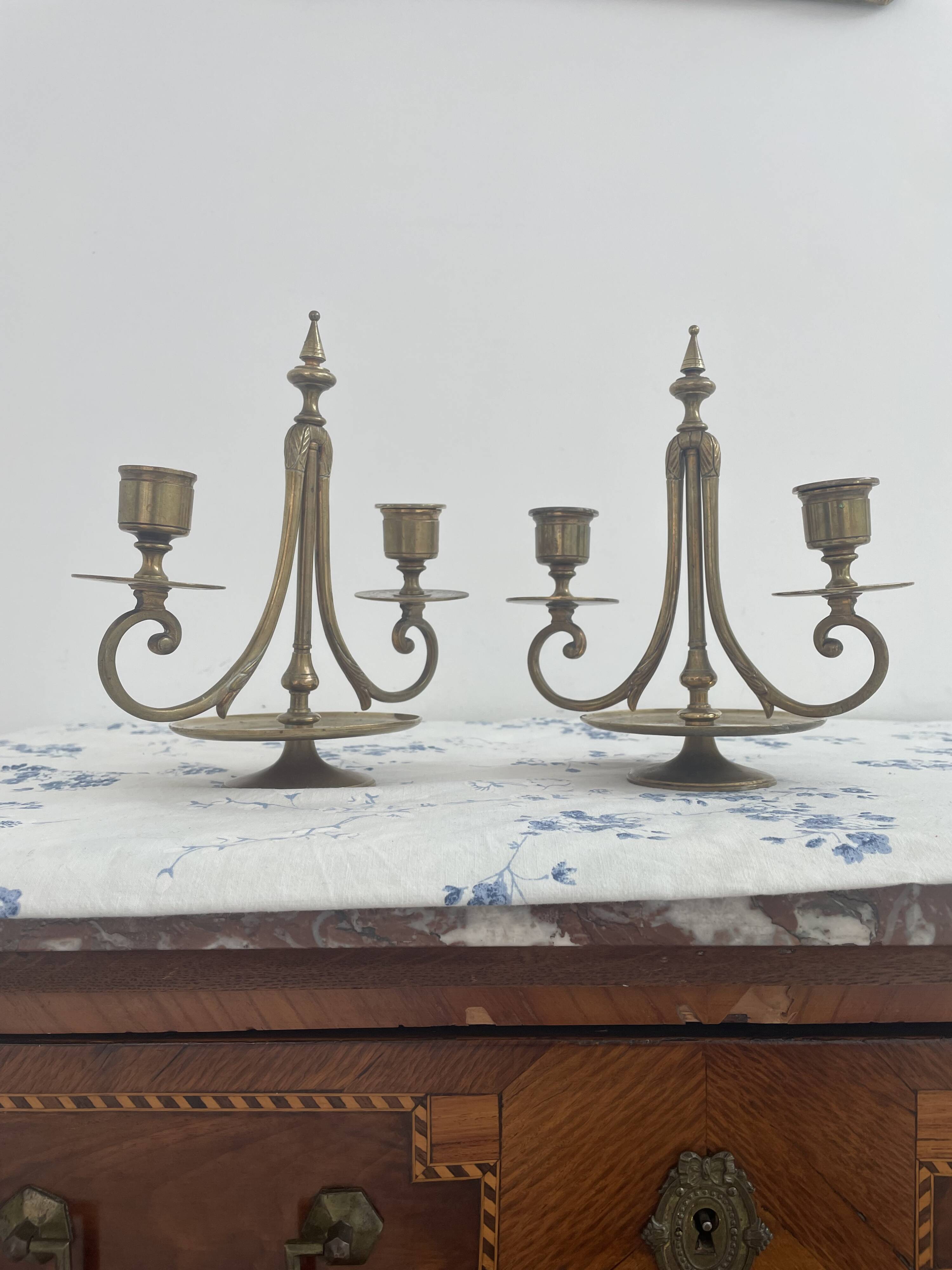 Pair of candlesticks, gilded and enamelled brass, Art Nouveau, early 20th century