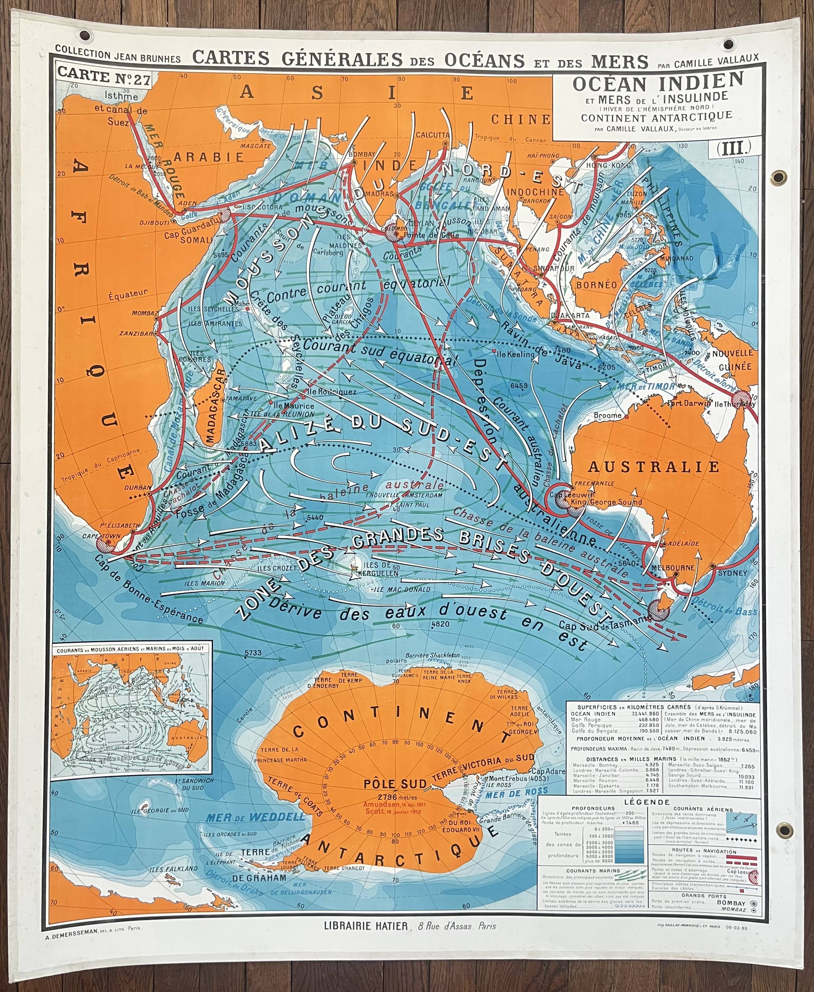 Old school map Hatier 27, 1940 - Indian Ocean, Antarctica