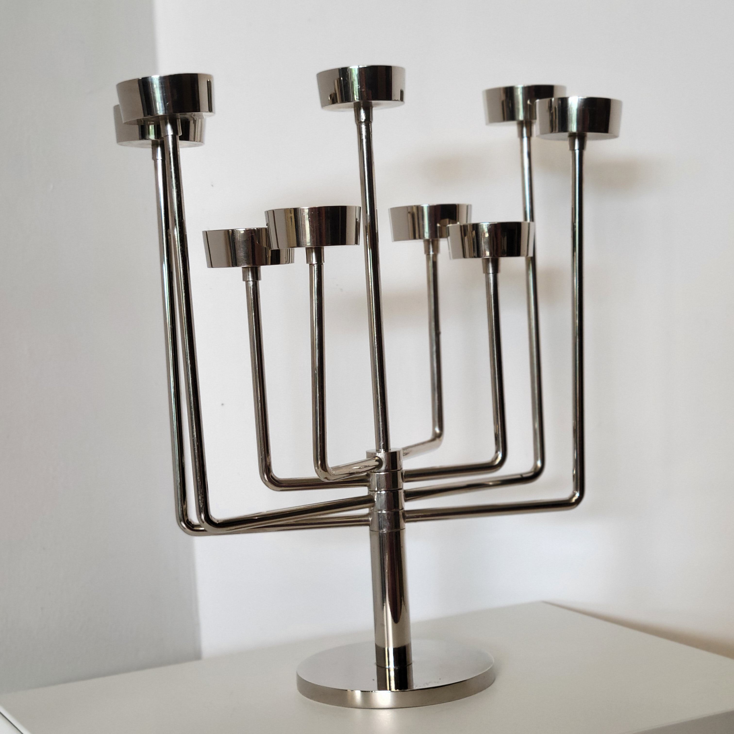 Candle holder with 9 branches in chrome-plated metal