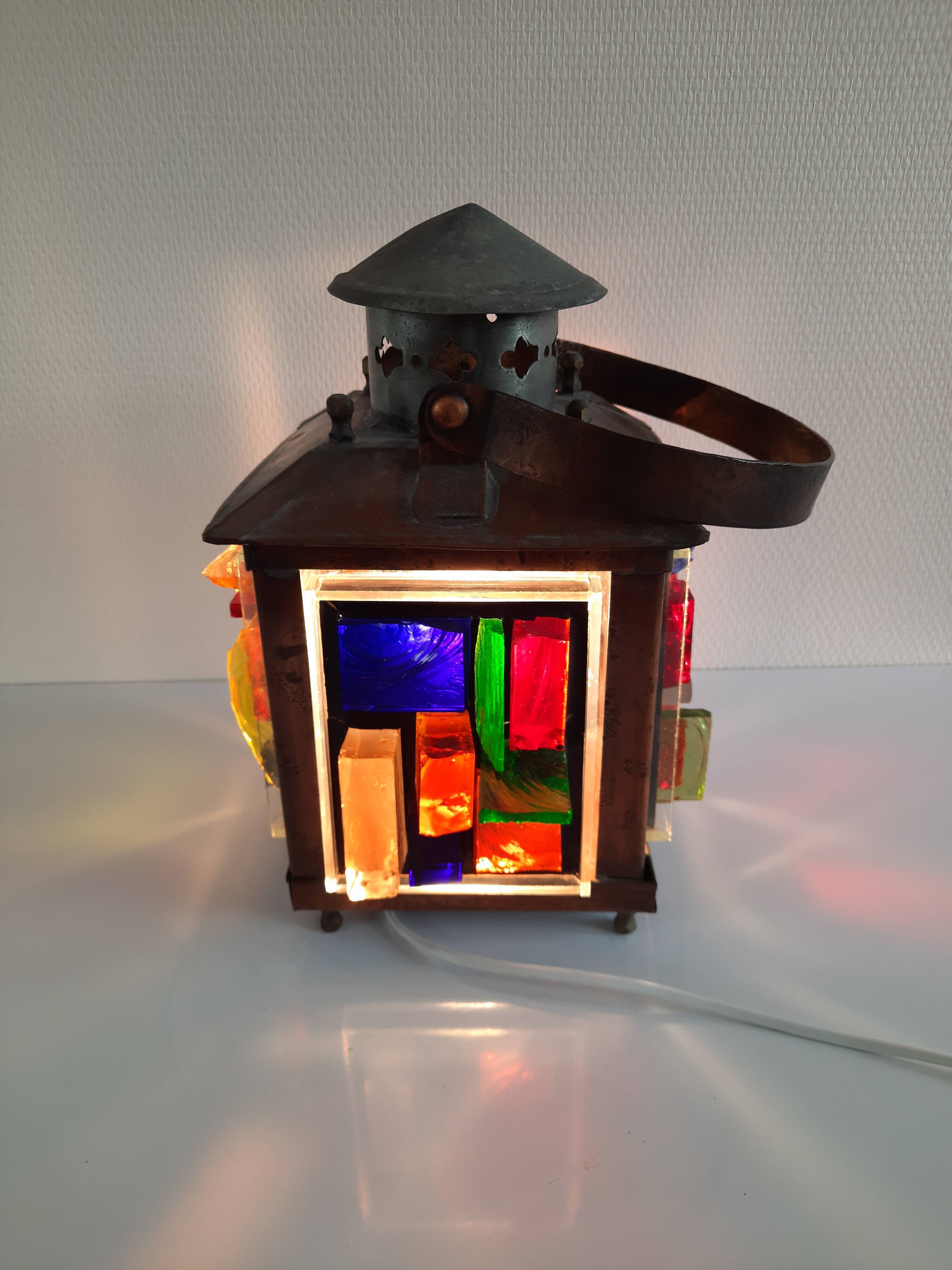 Copper lantern table lamp and 60s multicolored glasses