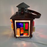 Copper lantern table lamp and 60s multicolored glasses