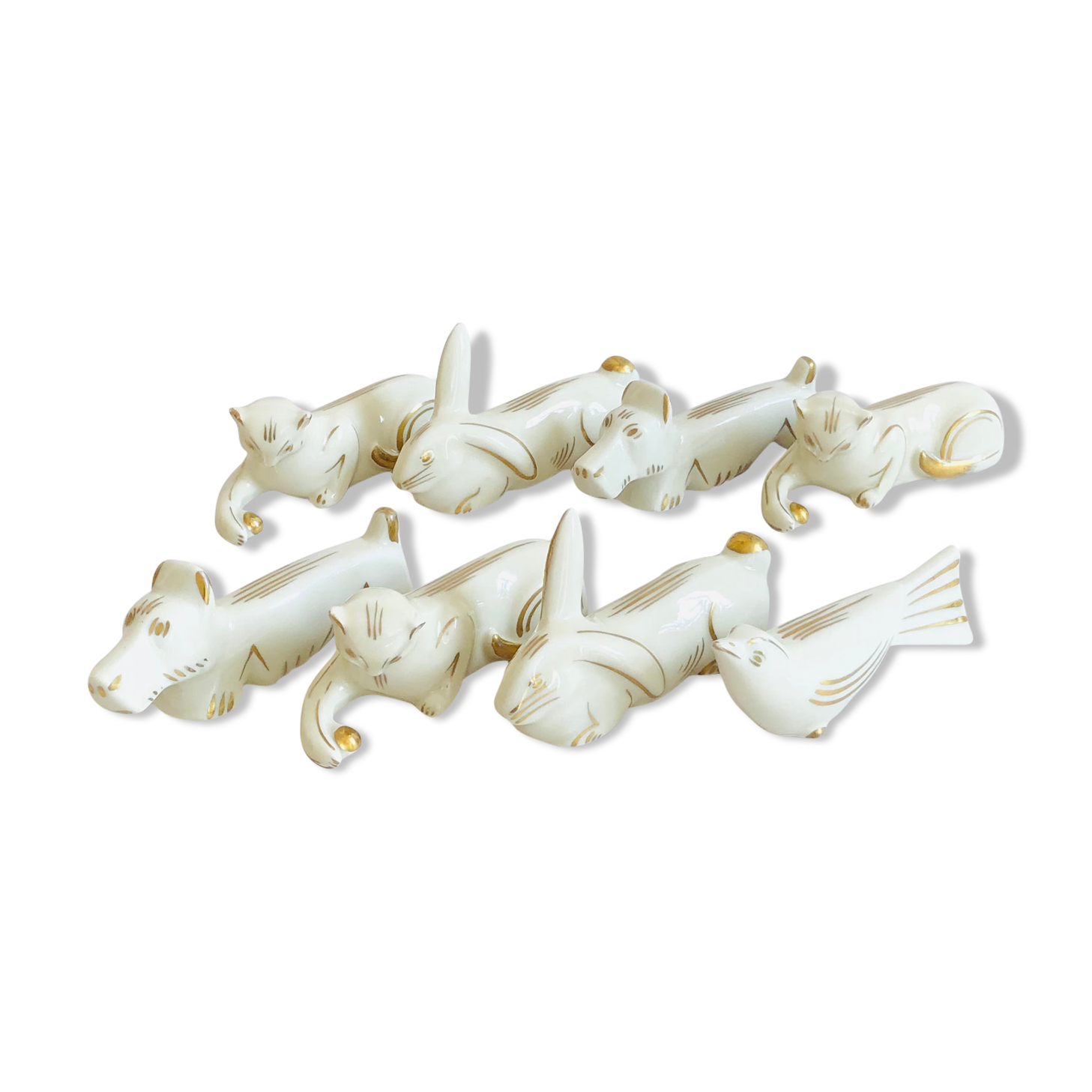 Set of 8 art deco ceramic animal knife holders
