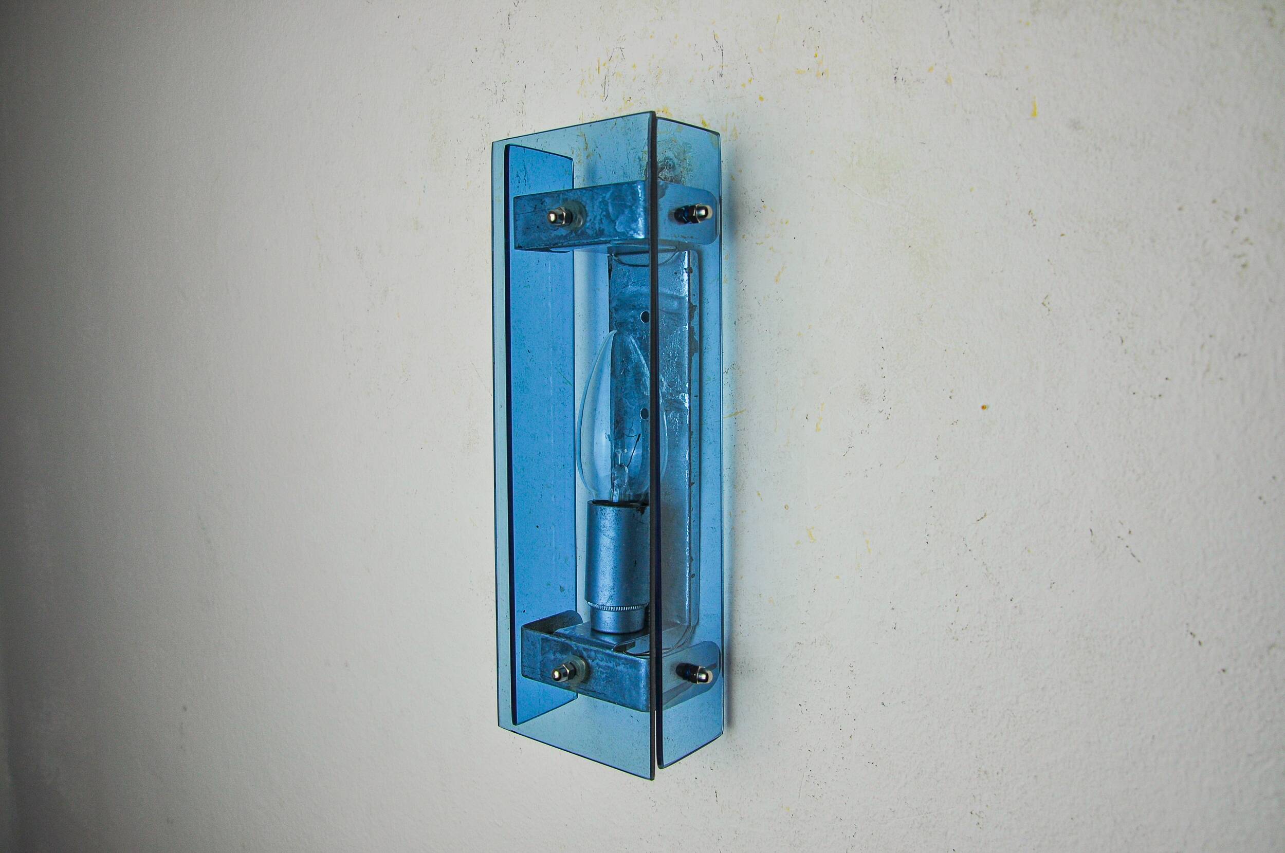 Veca blue wall light, beveled glass, italy 1970