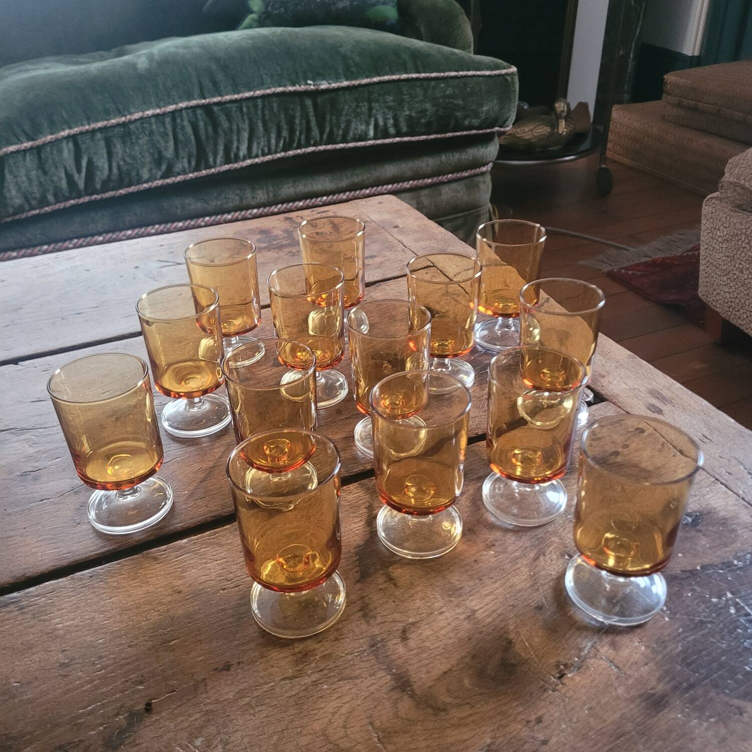 Set of 14 amber glasses – France, 1960s-1970s