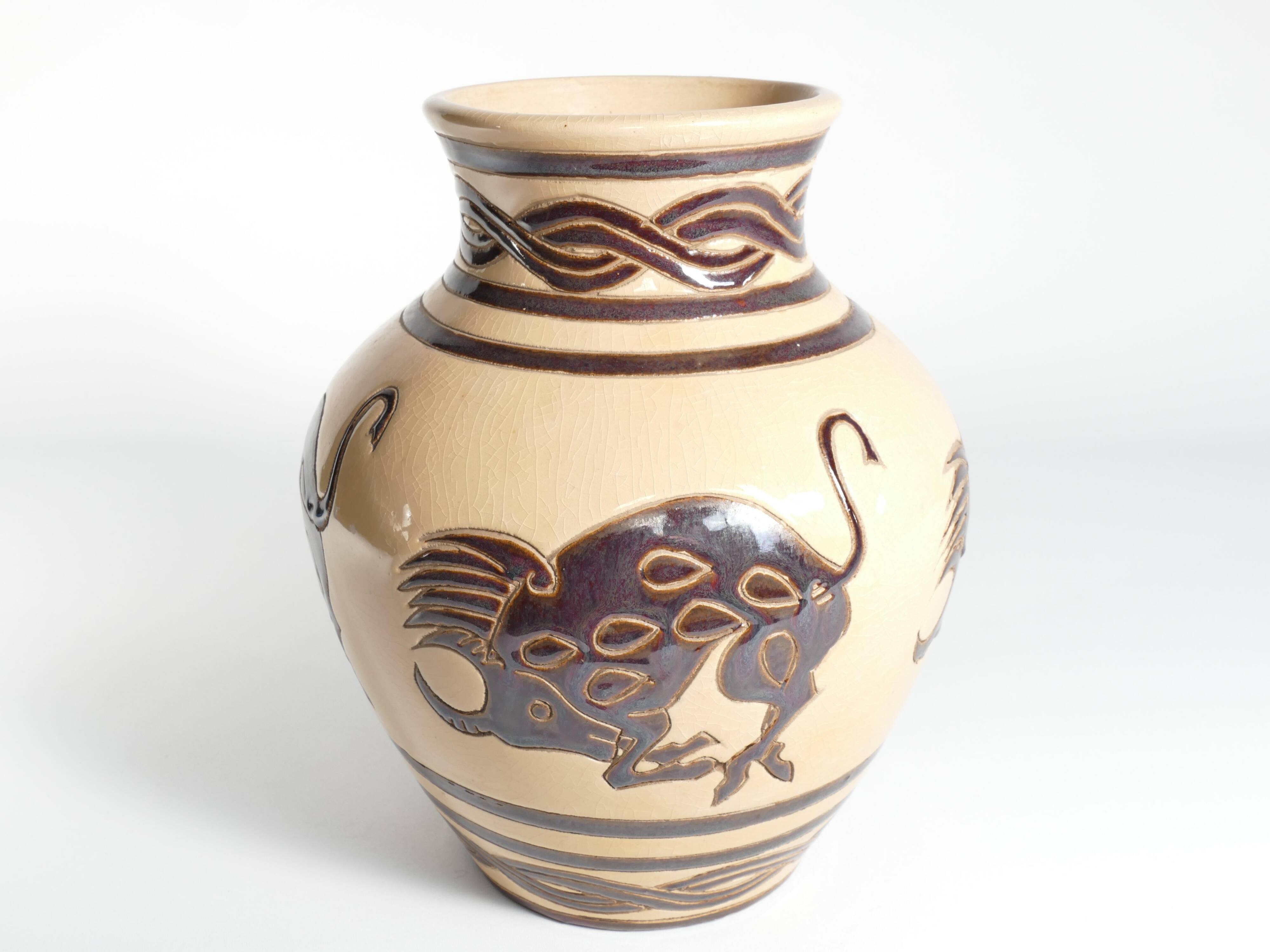 Vintage Ceramic Vase with Brown Bulls and Bands