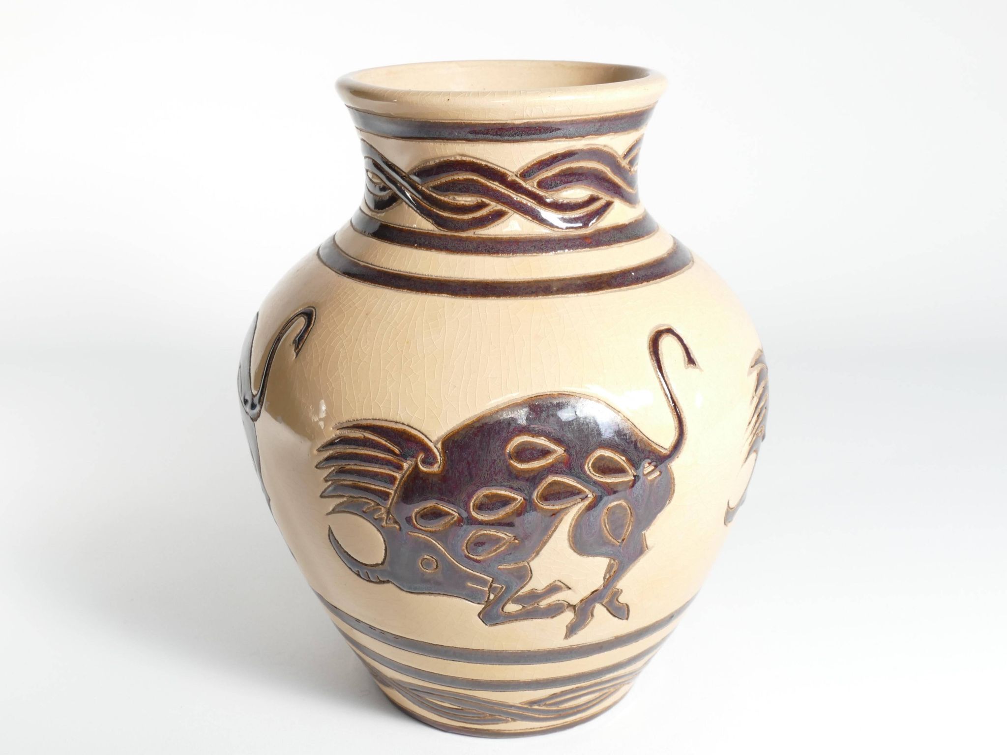 Vintage Ceramic Vase with Brown Bulls and Bands