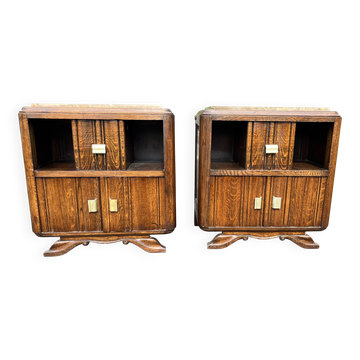 Paire de tables de chevet anciennes en chêne - Style Art Déco avec plateaux