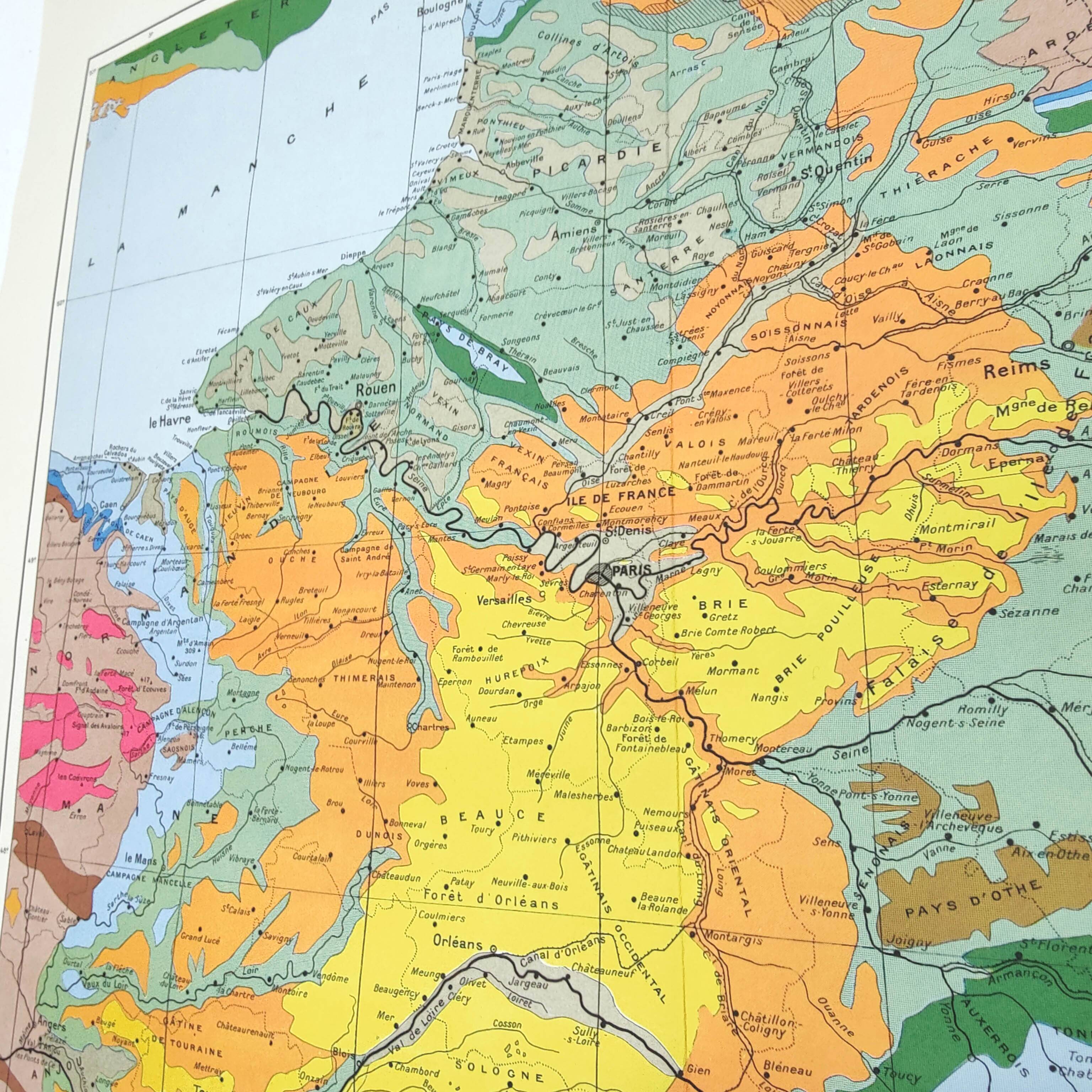 Old map of France Paris basin 43x43cm from 1950