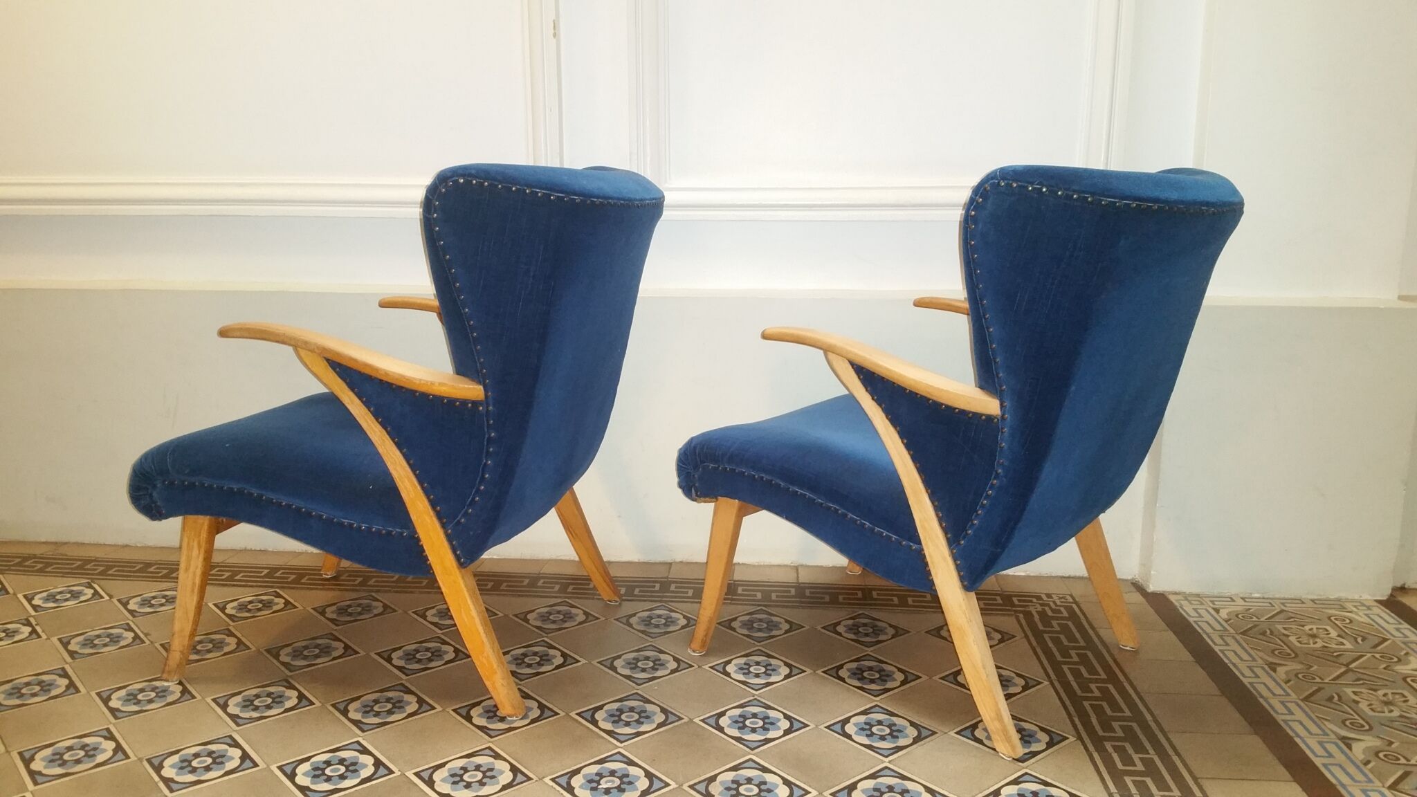 Pair of chairs Scandinavian wing stripes cocktail years 50 Blue