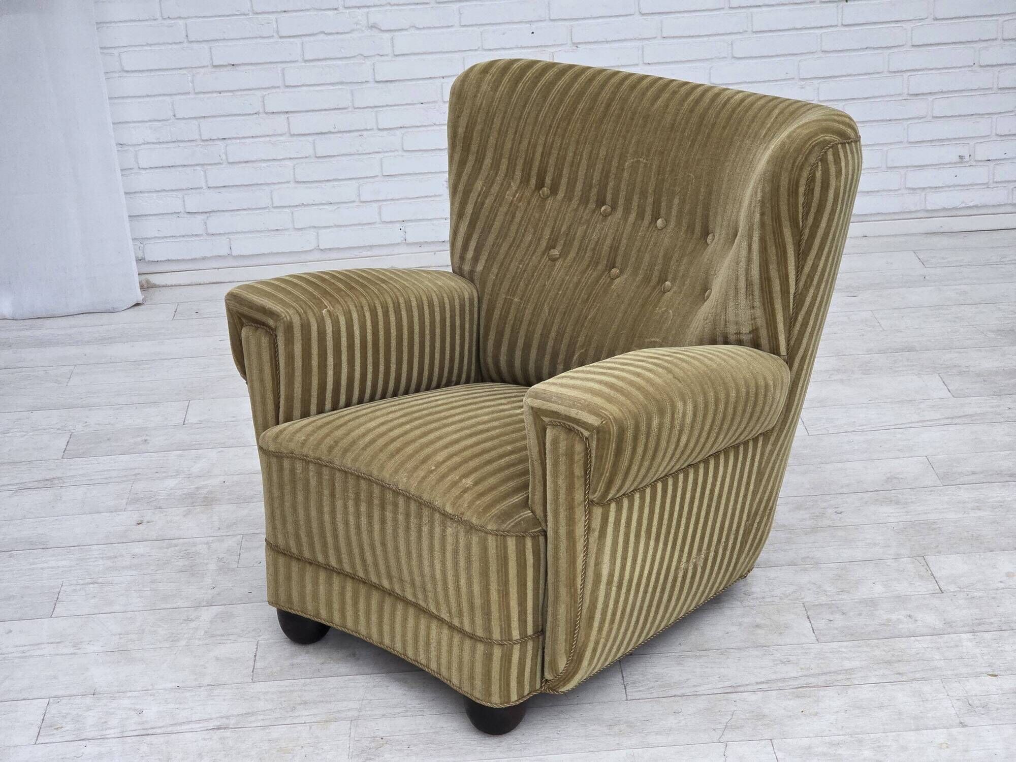 1960s, Danish relax armchair, furniture velour, oak wood.