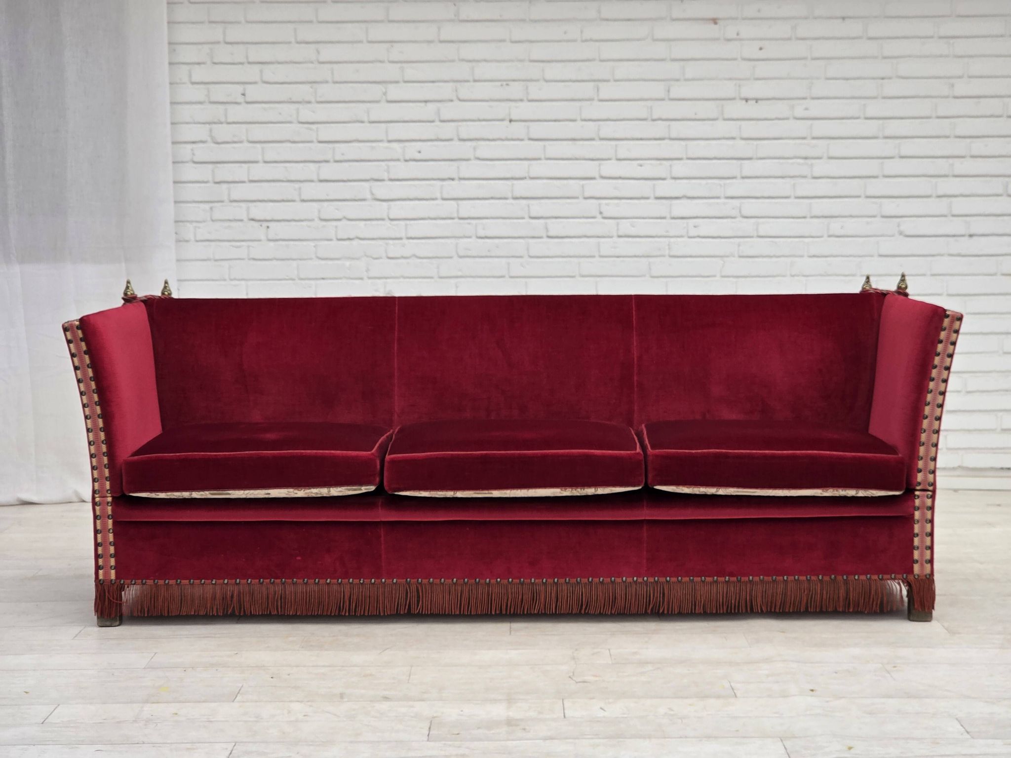 1970s, Danish 3-seater drop arm "Spanish" sofa, red furniture velour.