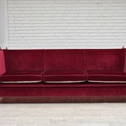 1970s, Danish 3-seater drop arm "Spanish" sofa, red furniture velour.