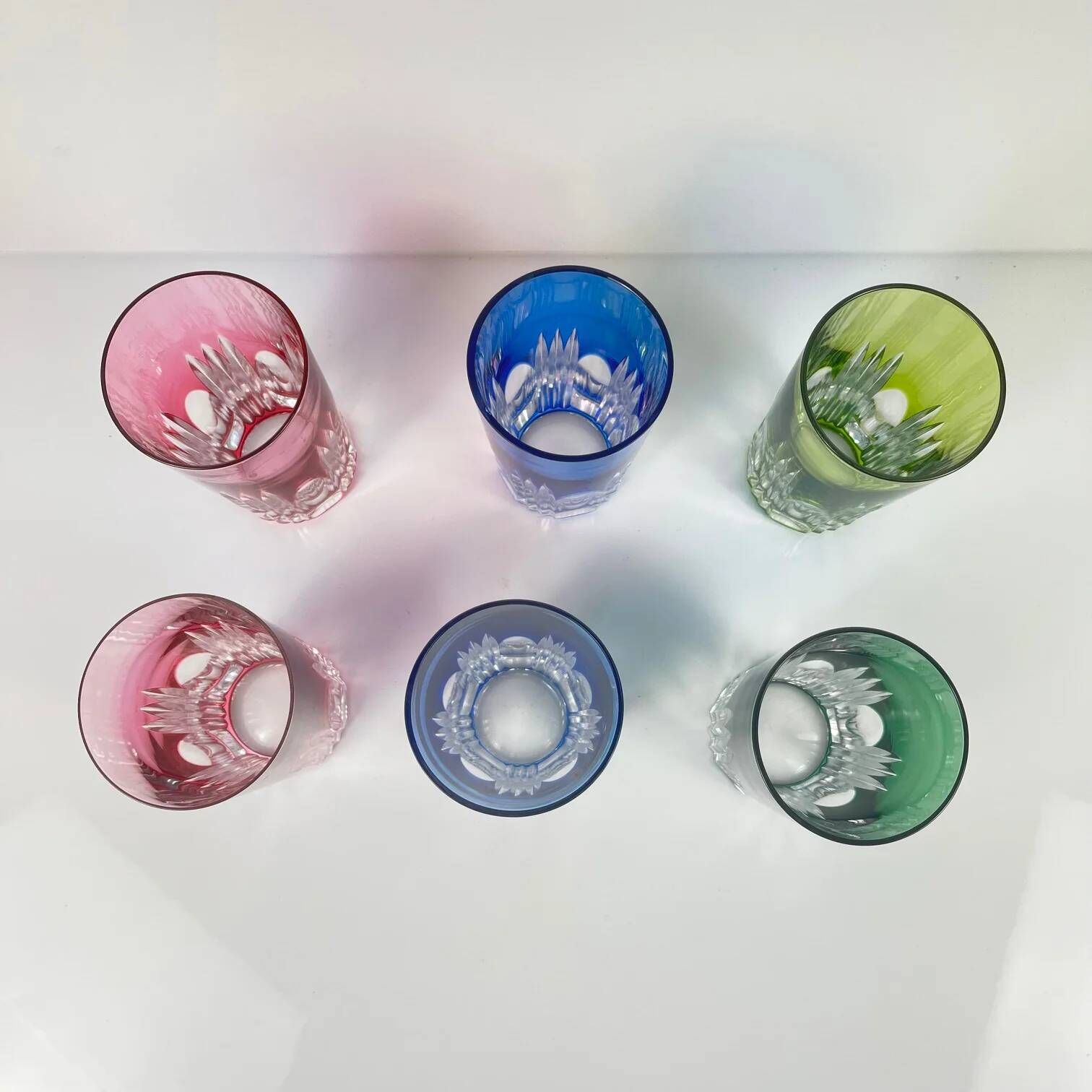 Set of 6 coloured double crystal long drink glasses, 1970s, Eastern Europe.