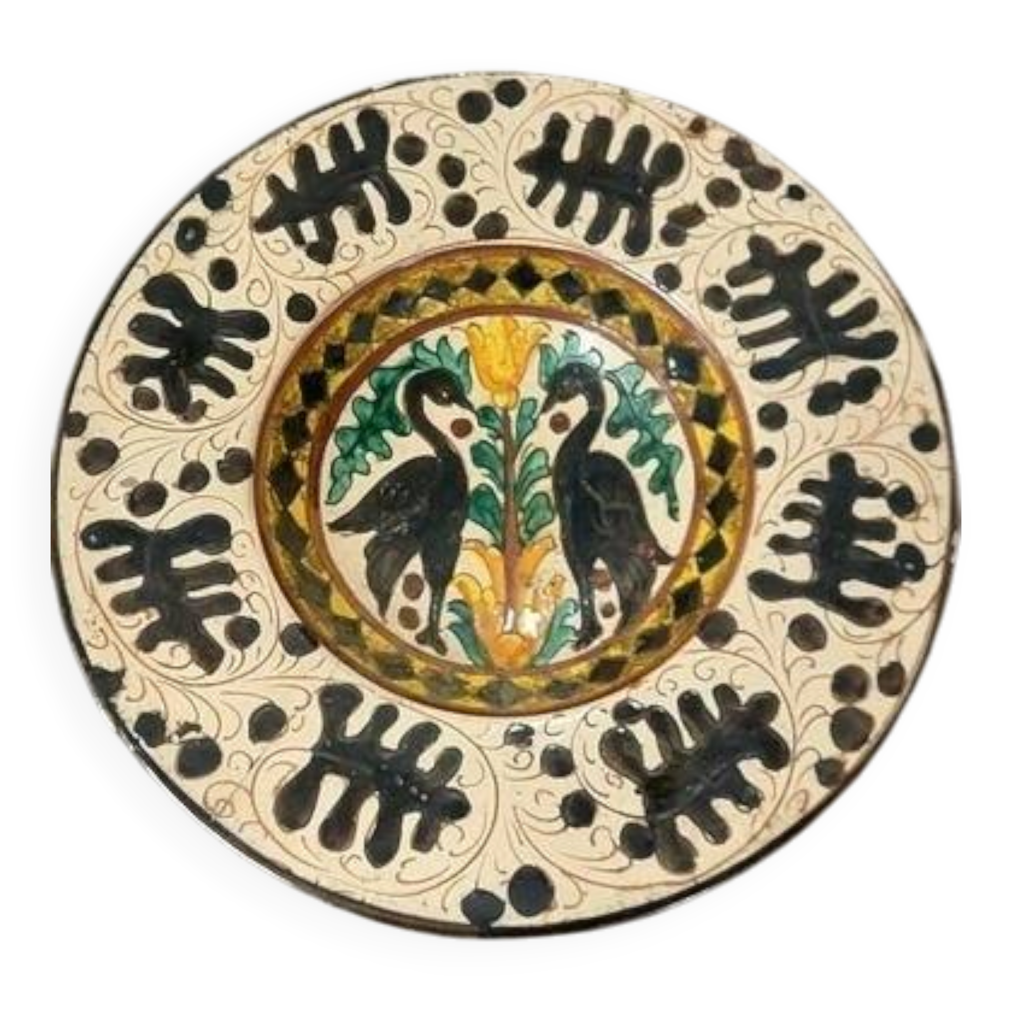 Ceramic Plate with Stylized Birds Graffito Style Pesaro Faenza Early 900