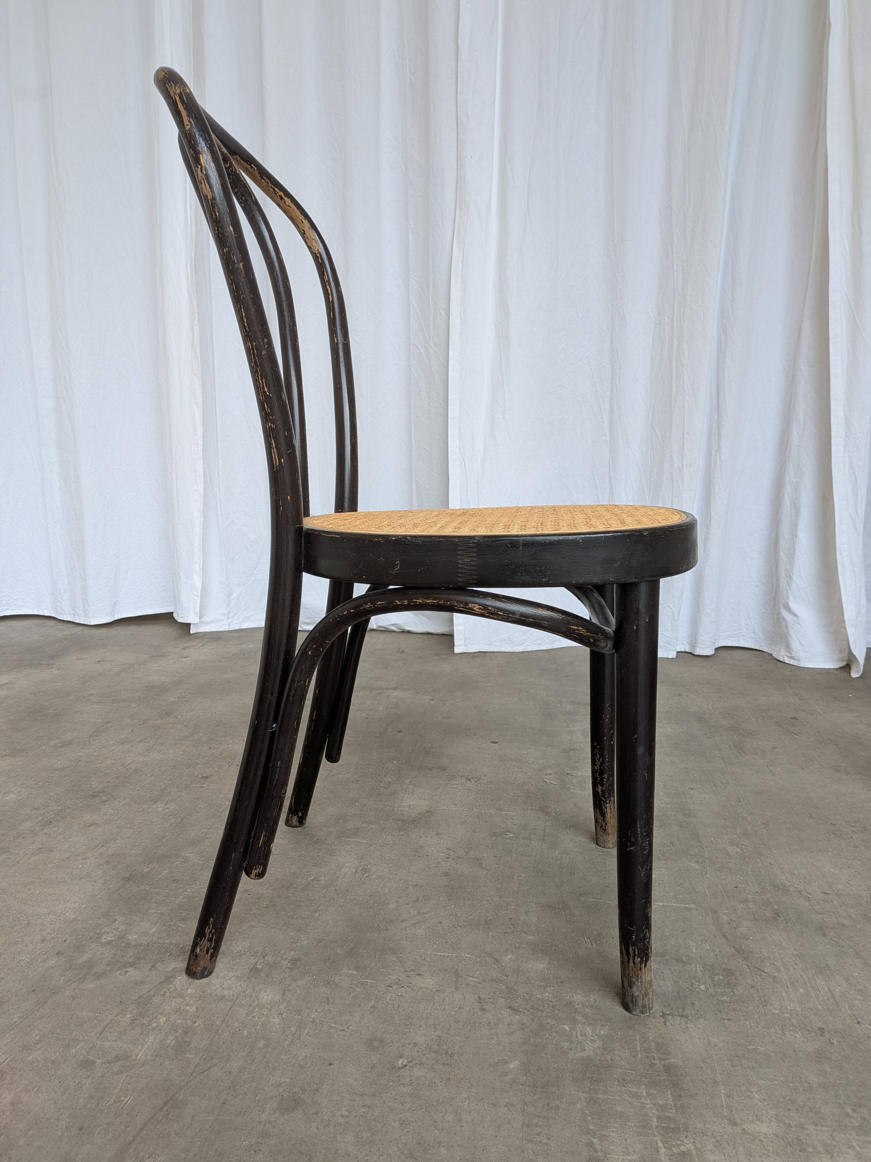Chaise de salle à manger vintage en bois cintré : siège en osier noir de style Thonet