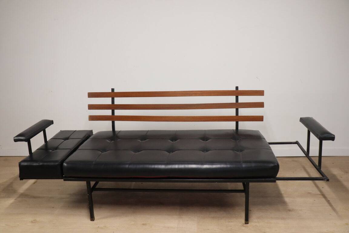 Vintage "Daybed" sofa bench in metal and imitation leather, 1950