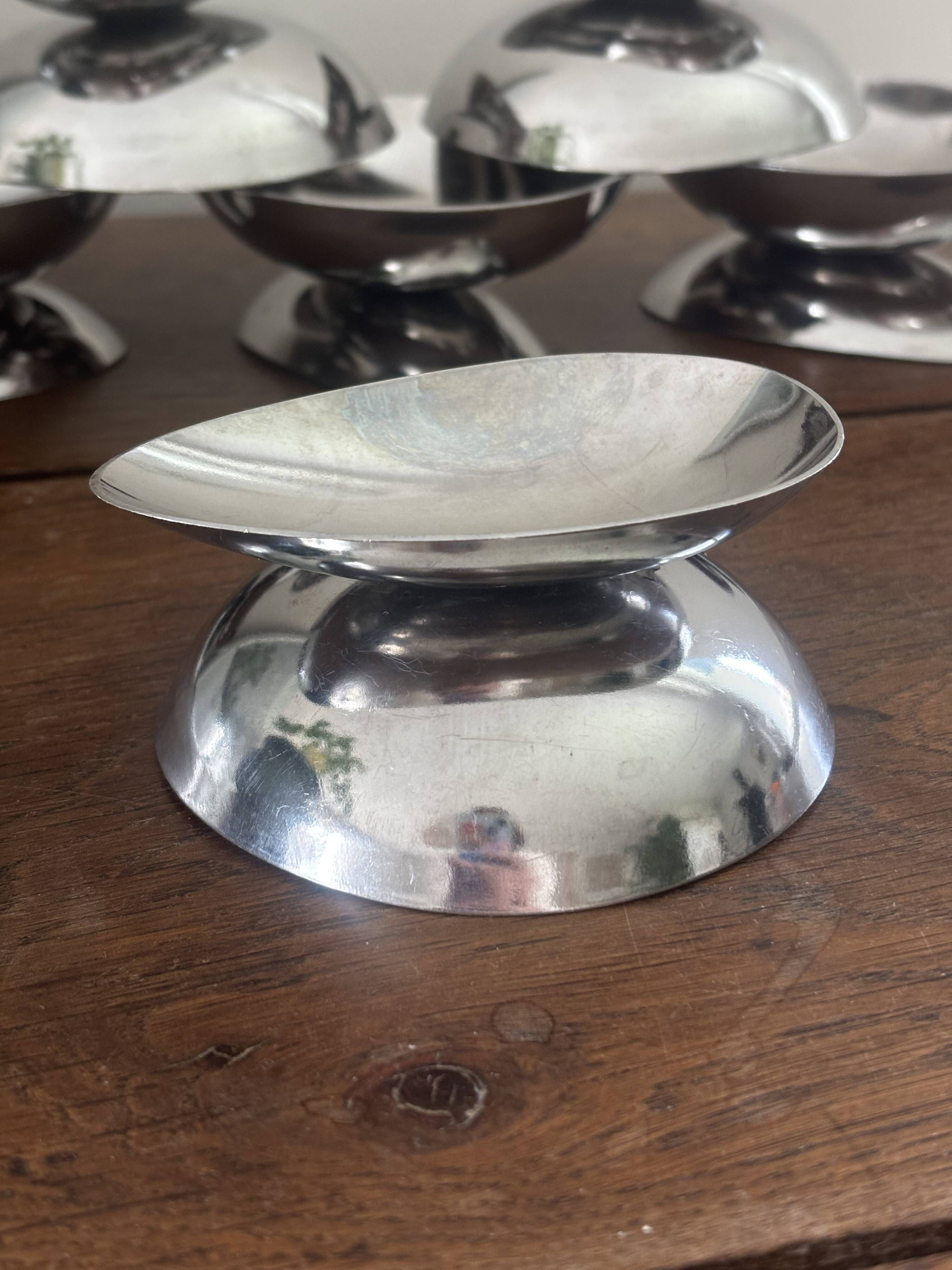 Vintage set of 6 stainless steel bowls, two-in-one design for ice cream and avocados.